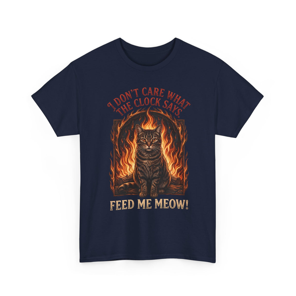 Feed Me Meow T-Shirt — Funny Hungry Tabby Cat Fiery Graphic Tee