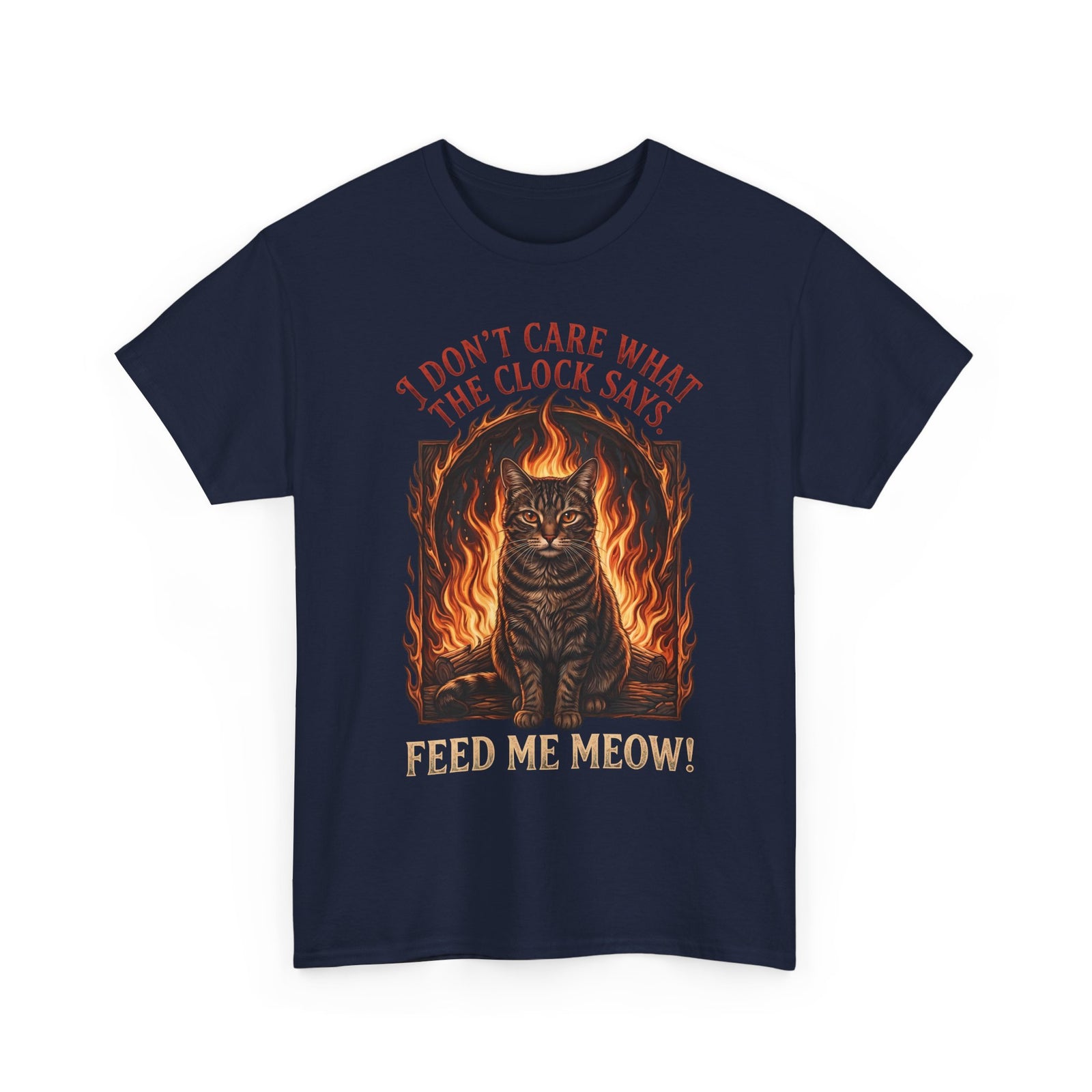 Feed Me Meow T-Shirt — Funny Hungry Tabby Cat Fiery Graphic Tee