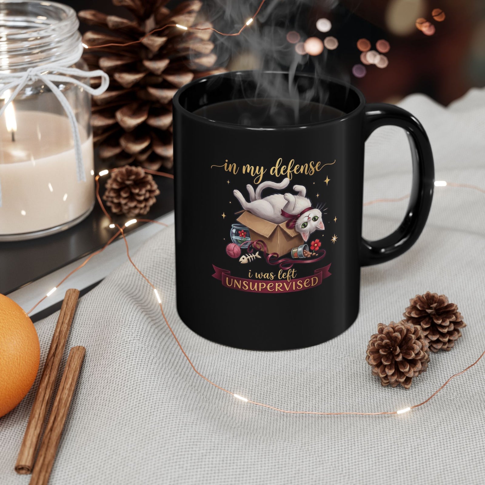 In My Defense I Was Left Unsupervised Black Mug — Funny Cute White Cat Mug
