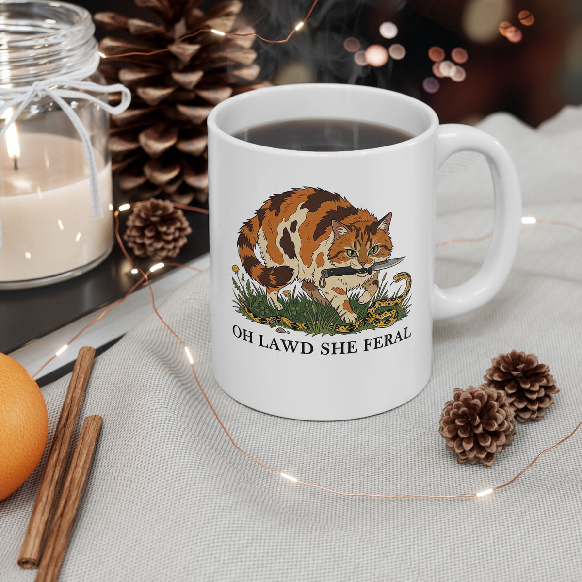 Feral Cats Mug — “Oh Lawd She Feral Cats!” Graphic Ceramic Mug