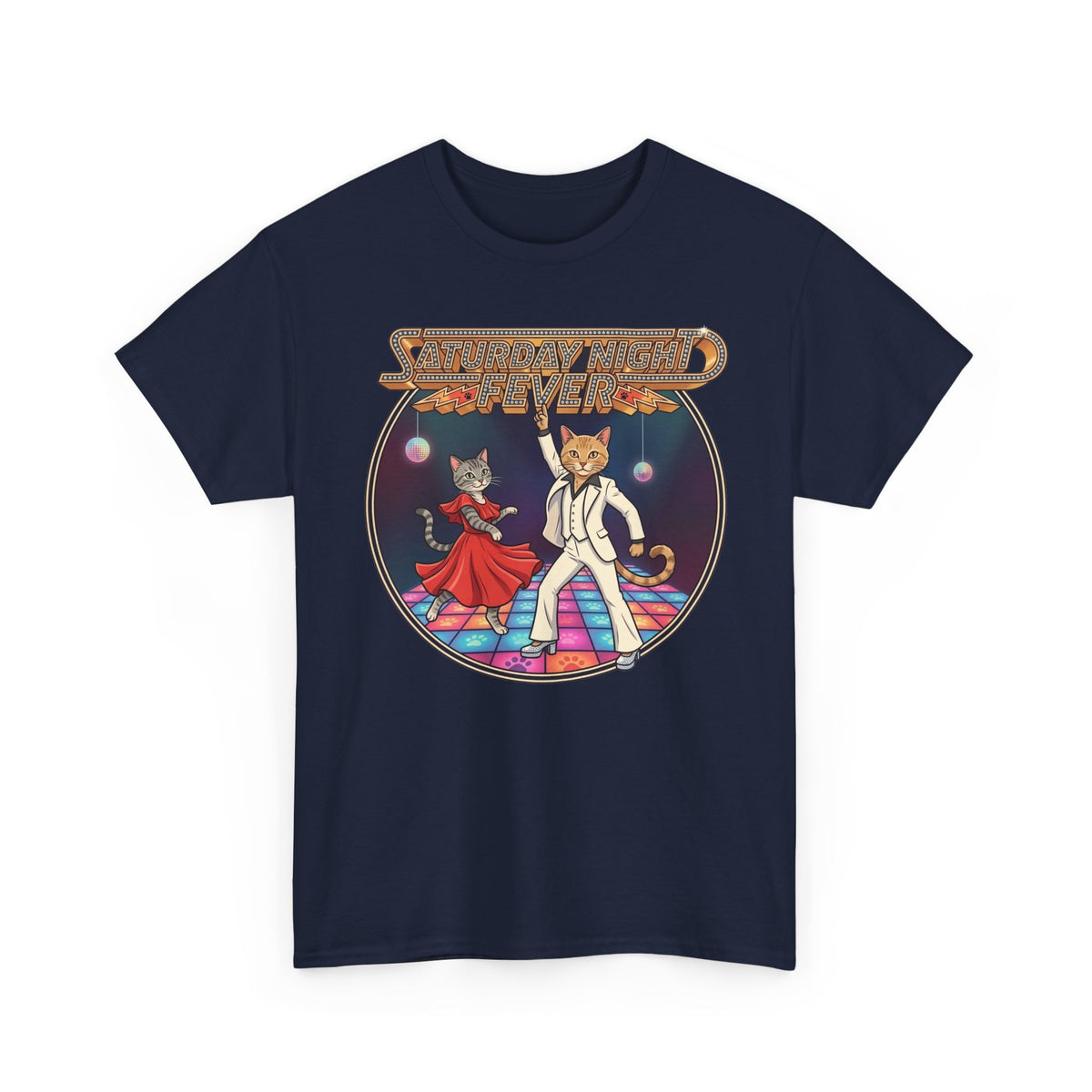 Disco Cats Dancing Tee — 'Saturday Night' Retro Funk Graphic T-Shirt