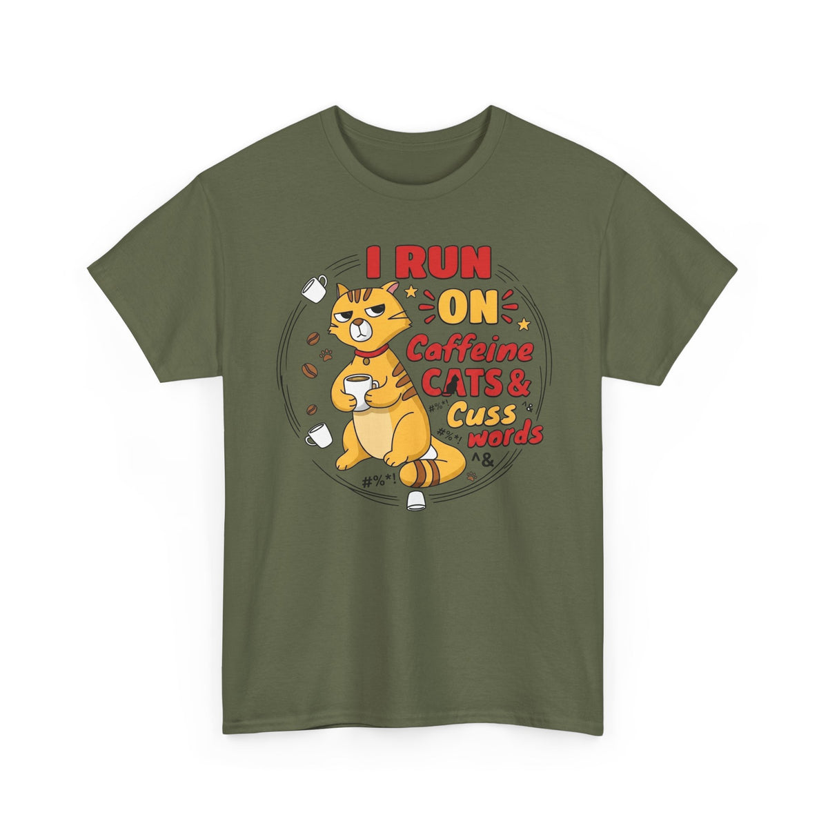 Caffeine, Cats & Cuss Words Tee Funny Cat Lover Coffee Shirt
