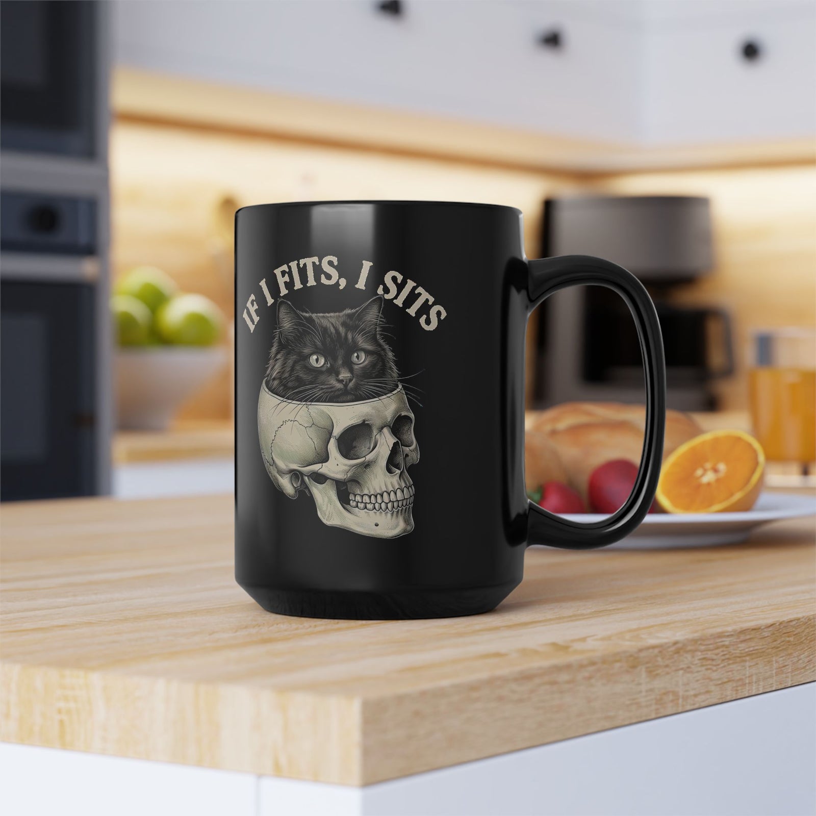 Cat 'If I Fits I Sits' Black Mug