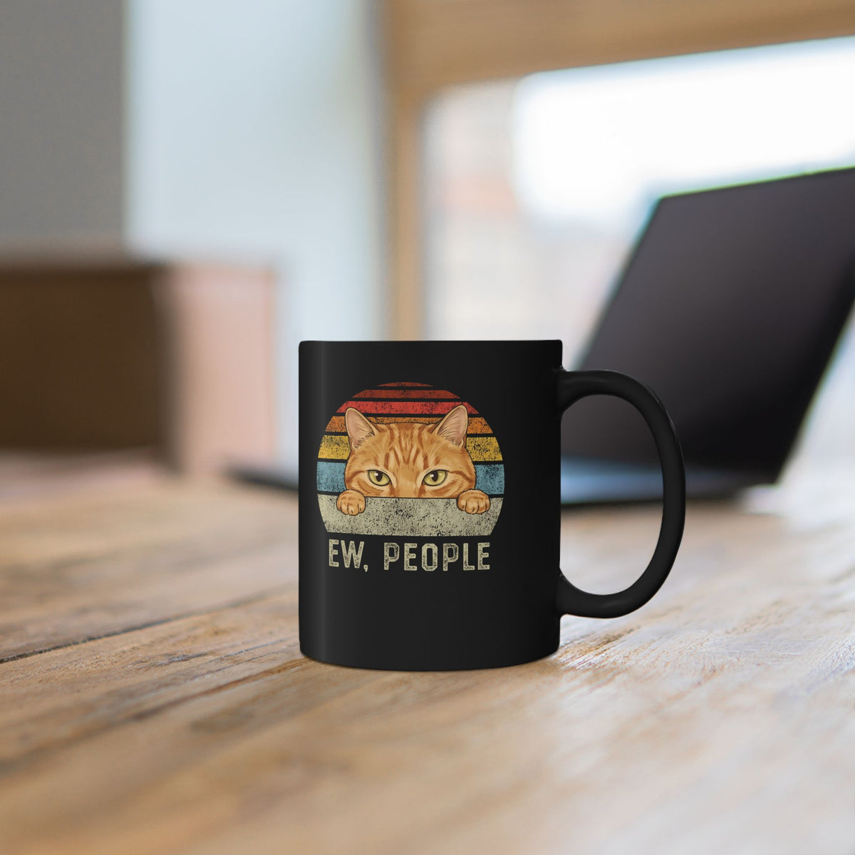 Ew People Orange Cat Black Mug — Funny Retro Sunset Introvert Graphic Mug