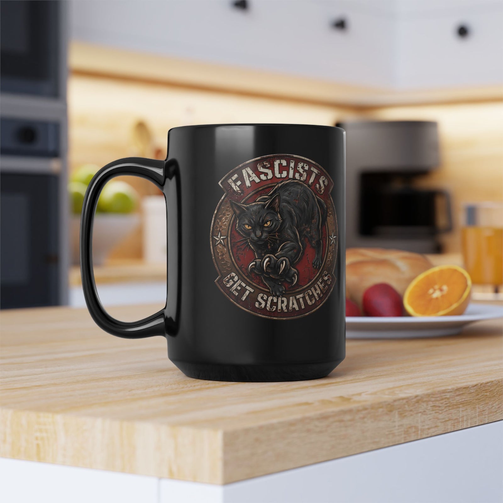 Fascists Get Scratches Black Mug — Funny Anti-Fascist Black Cat Mug