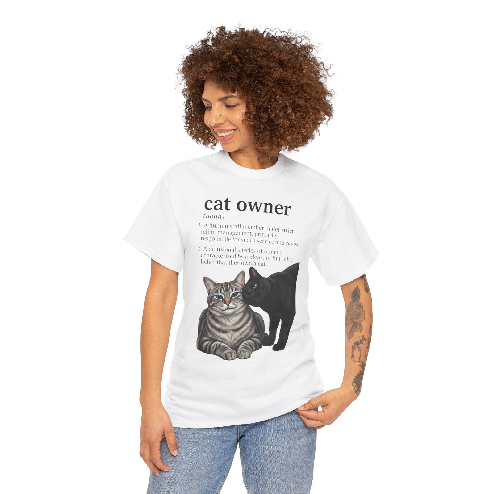 Cat Owner Definition T‑Shirt — Cute Tabby & Black Cat Graphic Tee for Cat Lovers