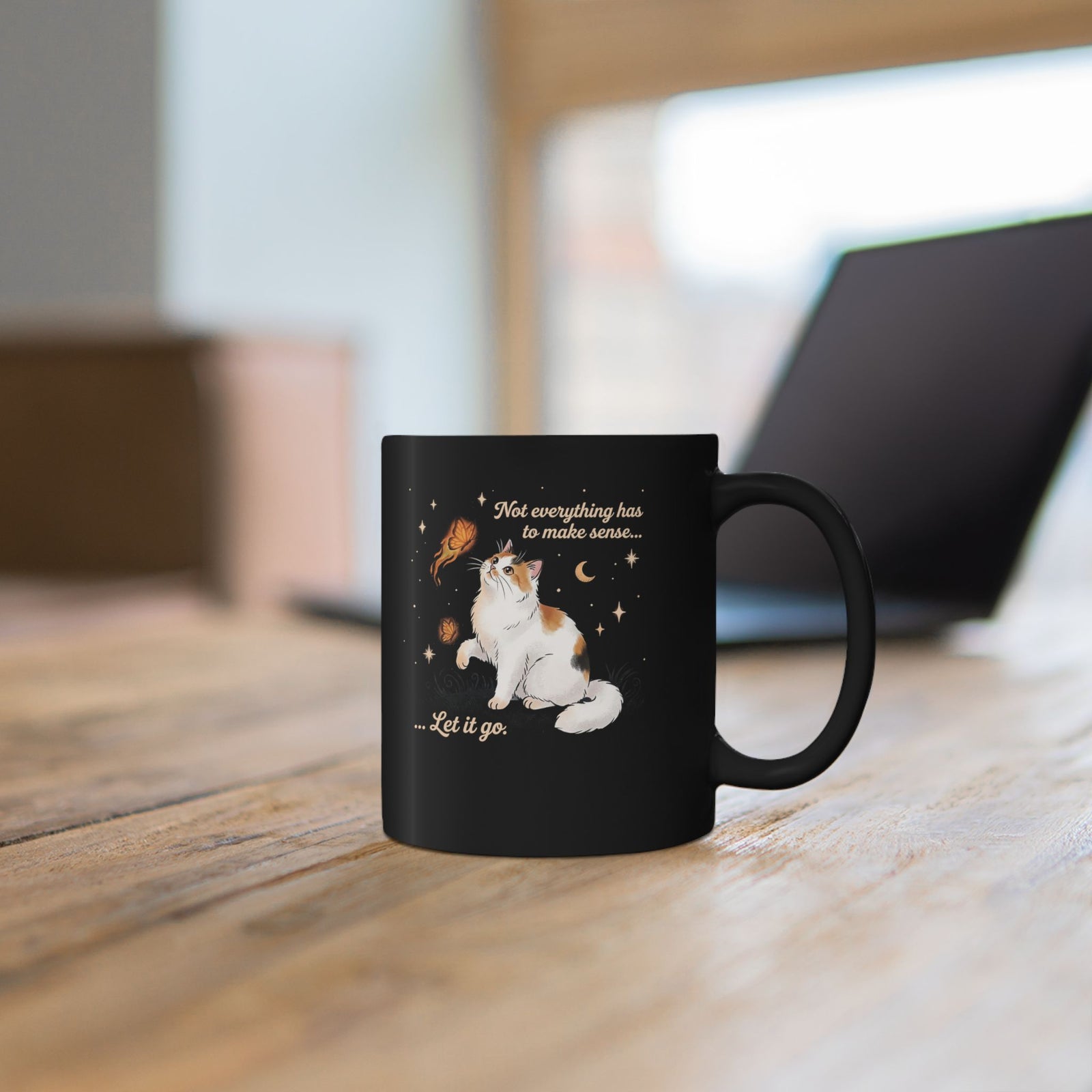 Vintage Whimsical Cat Black Mug — Spiritual Quote Graphic Mug
