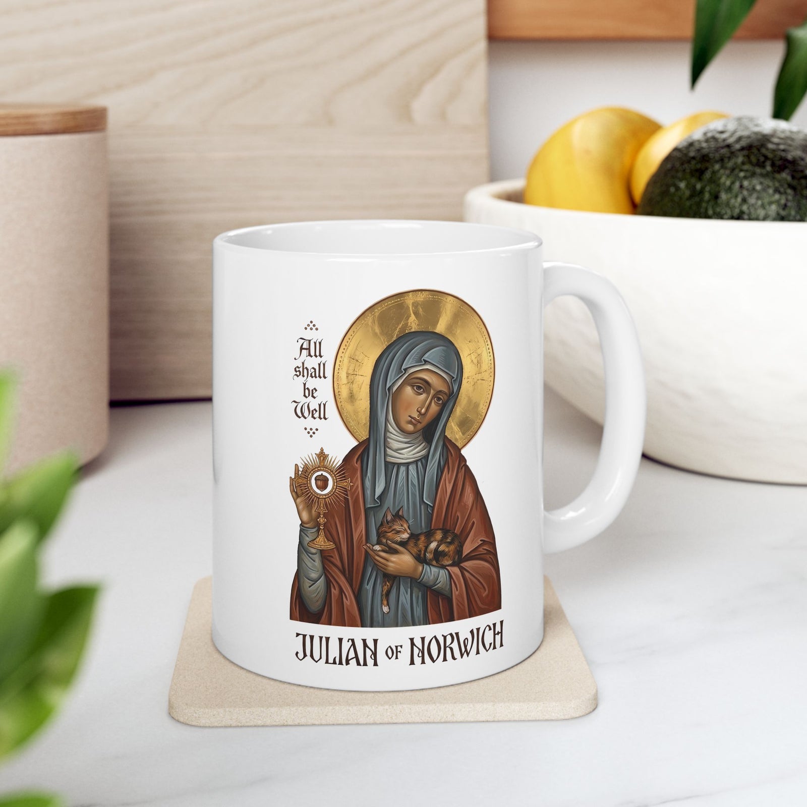 Julian of Norwich & Cat Ceramic Mug — Spiritual Saint Mug for Cat Lovers