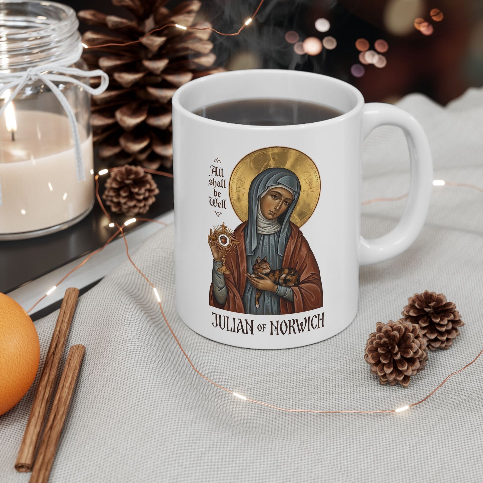 Julian of Norwich & Cat Ceramic Mug — Spiritual Saint Mug for Cat Lovers