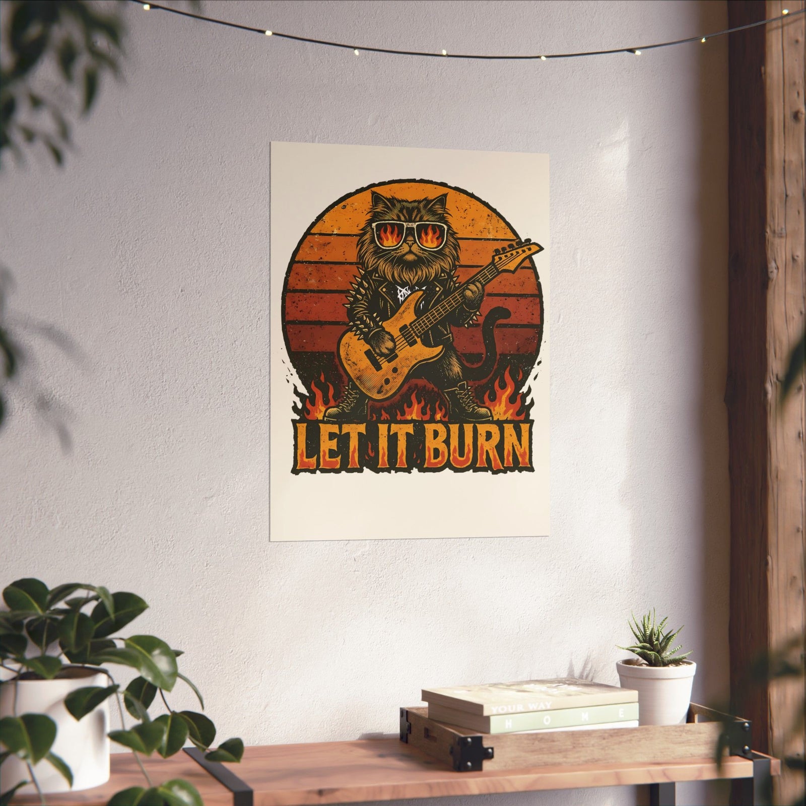 Let It Burn Rocker Cat Poster — Heavy Metal Guitar Feline Graphic
