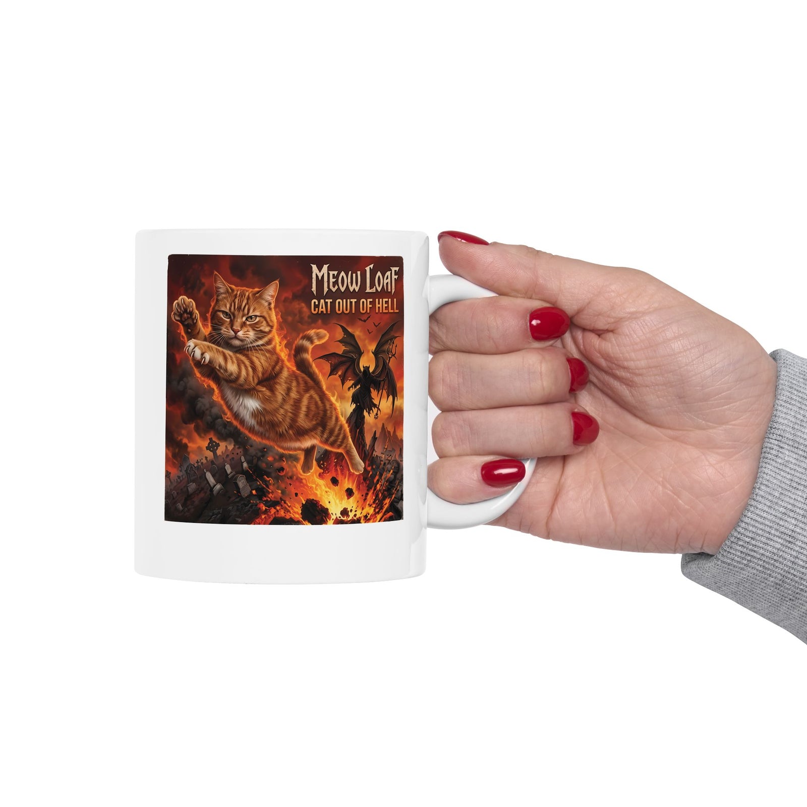 Meow Loaf Cat Out of Hell Ceramic Mug — Funny Gothic Cat Mug