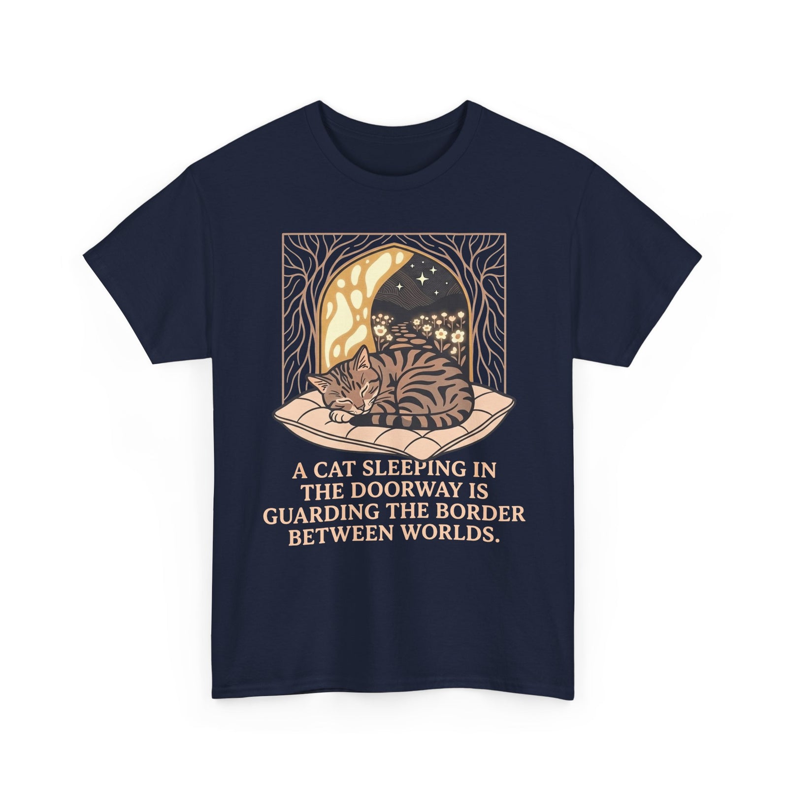 Mystical Cat Sleeping in the Doorway T-Shirt — "Guarding the Border Between Worlds"