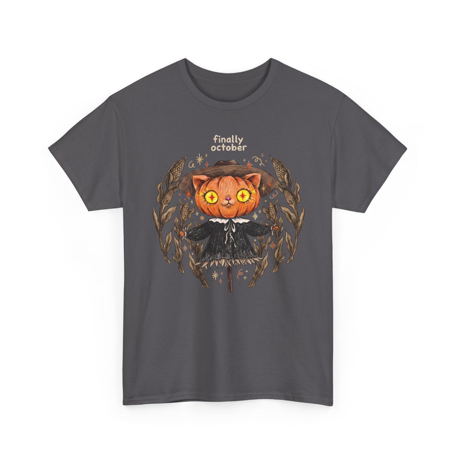 Finally October Pumpkin Cat Scarecrow T-Shirt — Vintage Autumn Halloween Tee