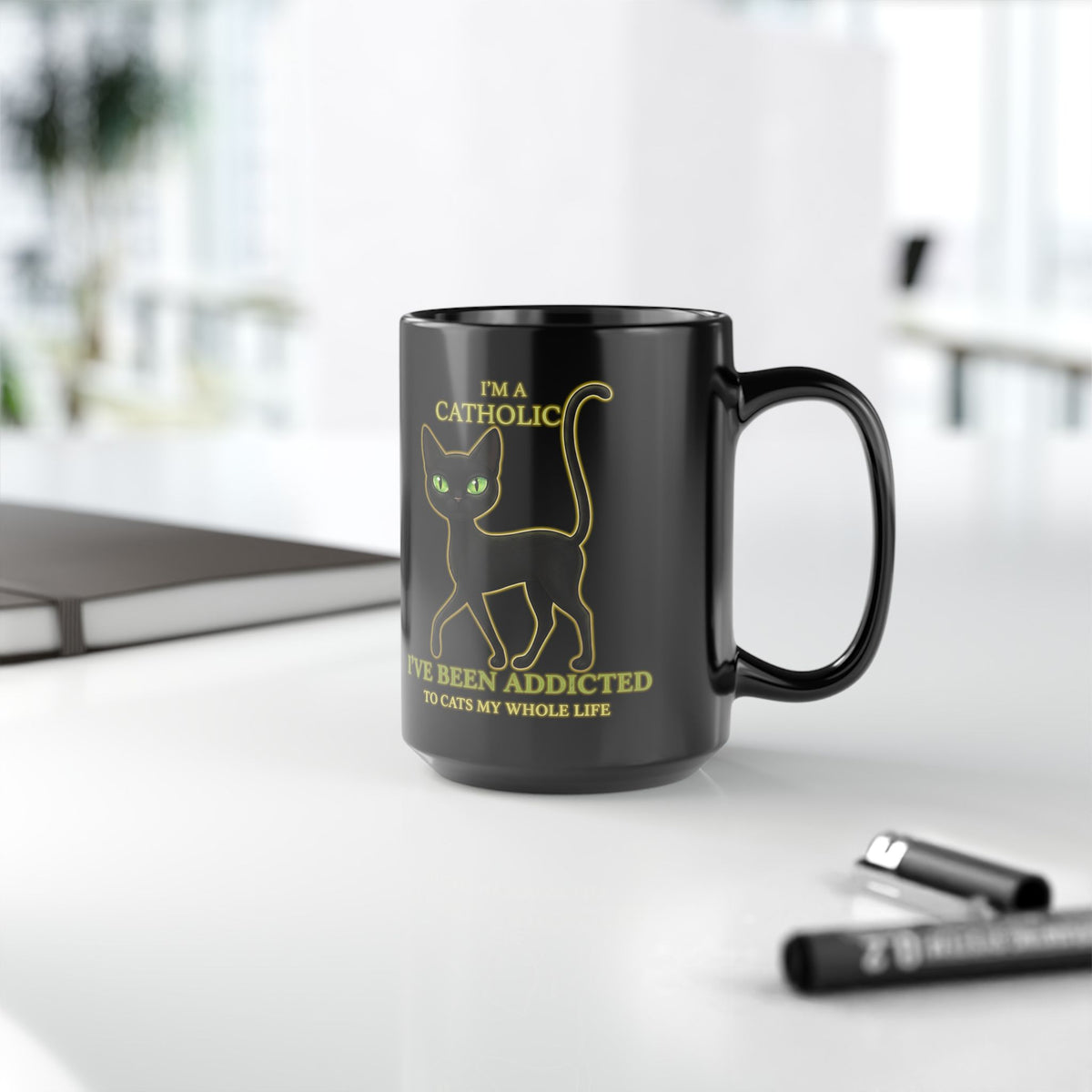 Catholic Addicted to Cats Black Mug — I'm a Catholic Addicted to Cats Mug