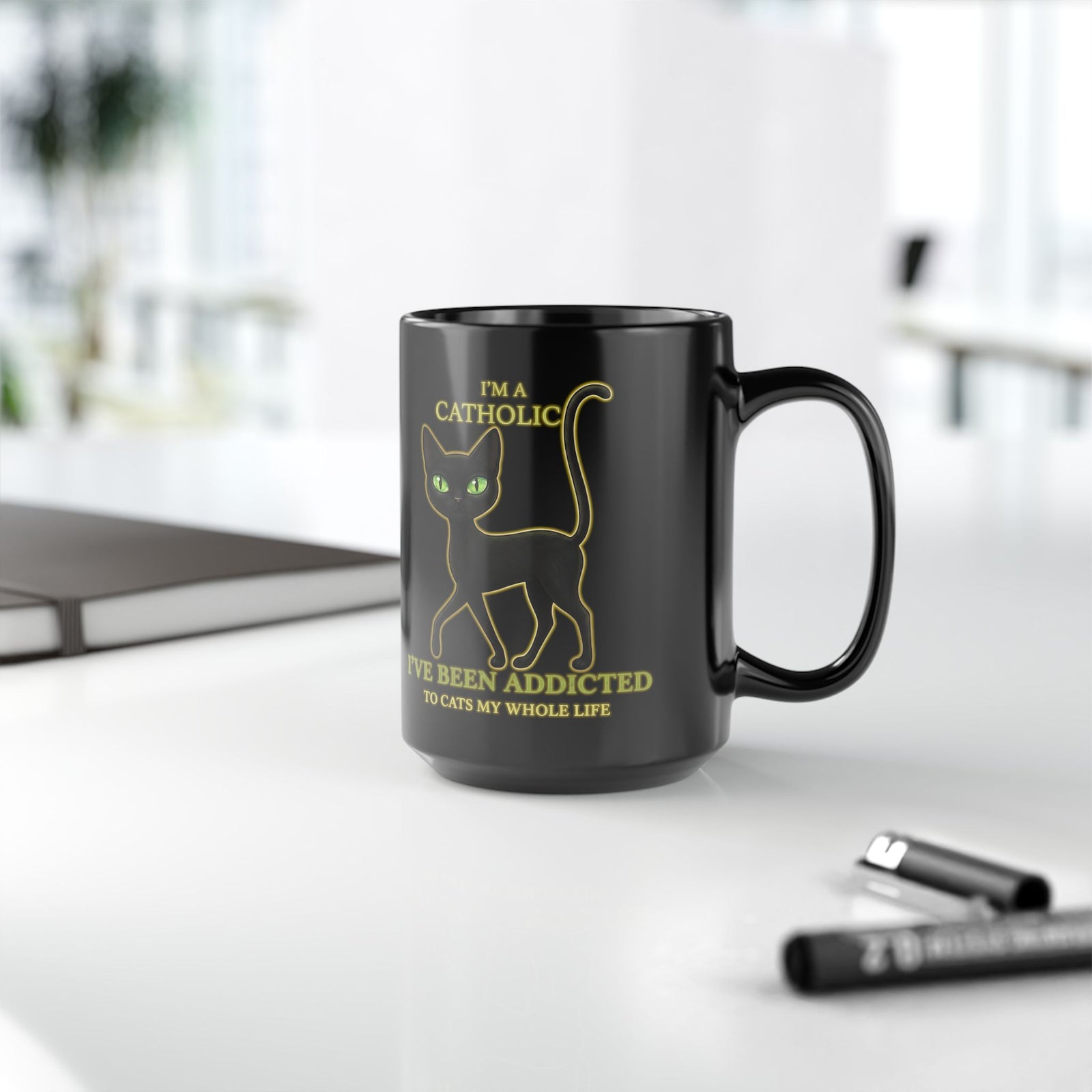 Catholic Addicted to Cats Black Mug — I'm a Catholic Addicted to Cats Mug