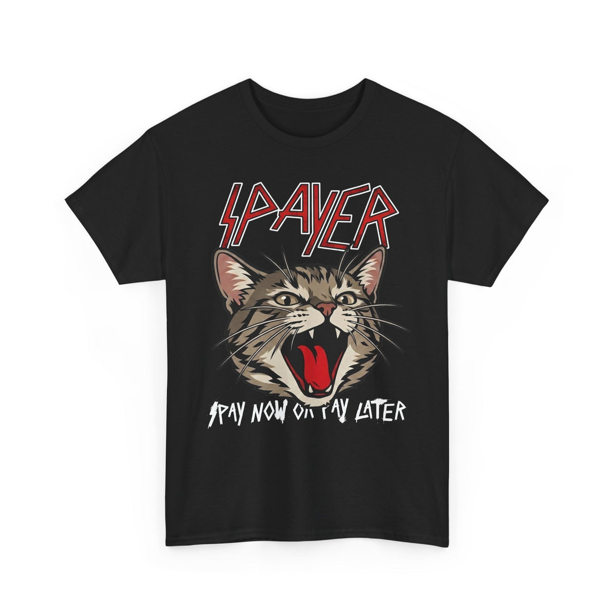 Slayer Cat Graphic Tee — "Pray Now Or Pay Later" Rock Band Style T-Shirt