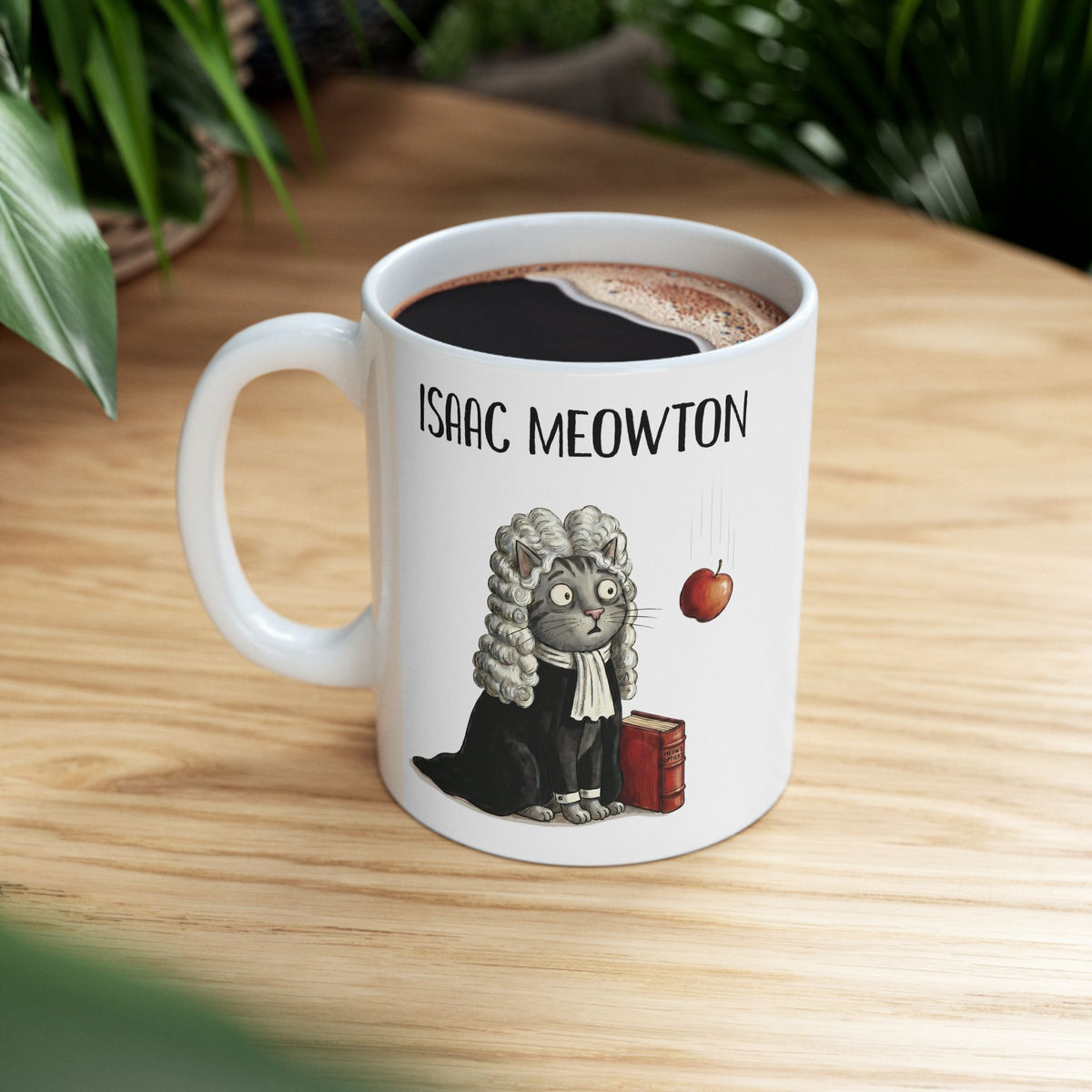Isaac Meowton Ceramic Mug — Funny Science Pun Cat Gravity Graphic Mug