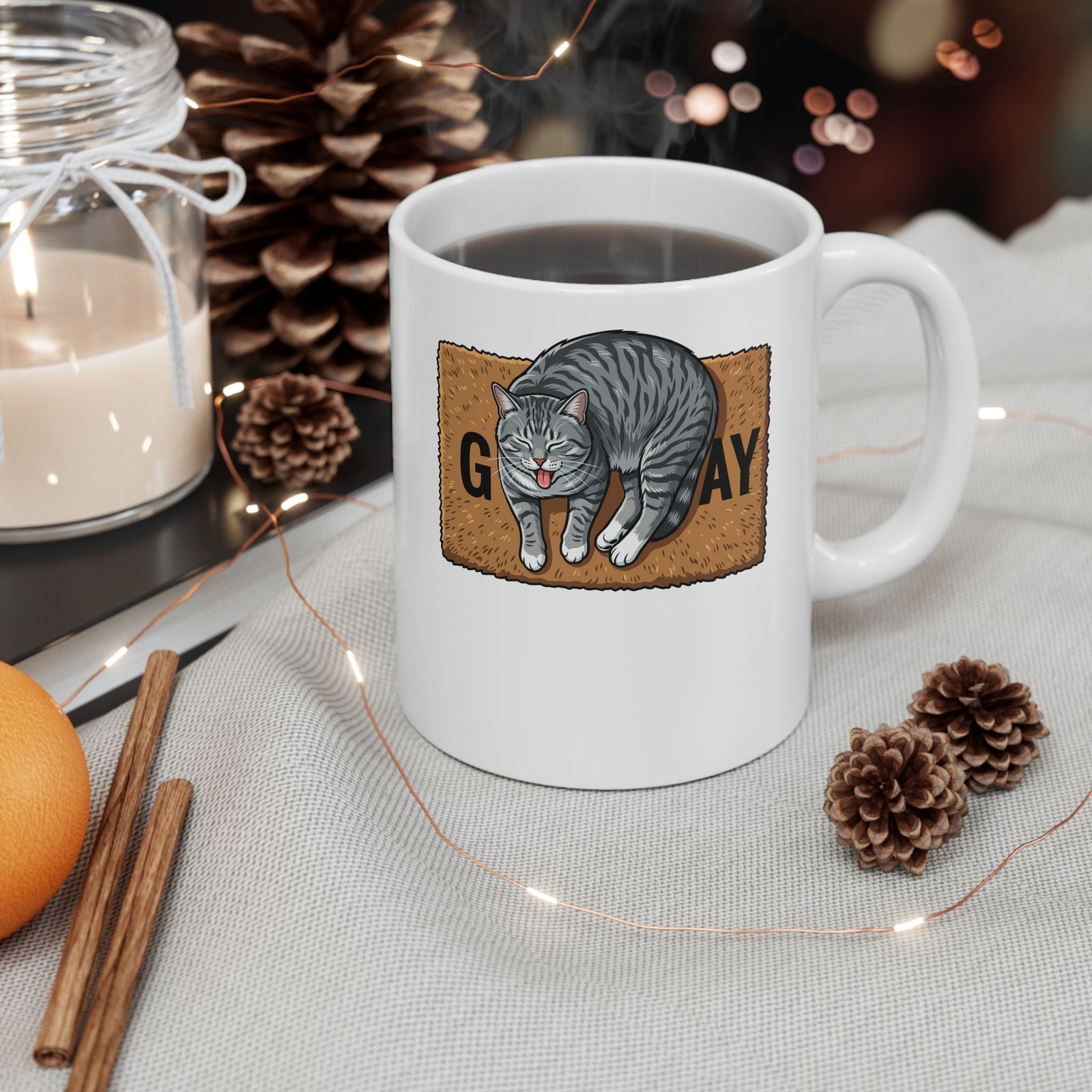 Funny Gay Cat Ceramic Mug — Cute Grey Tabby LGBTQ Pride Mug