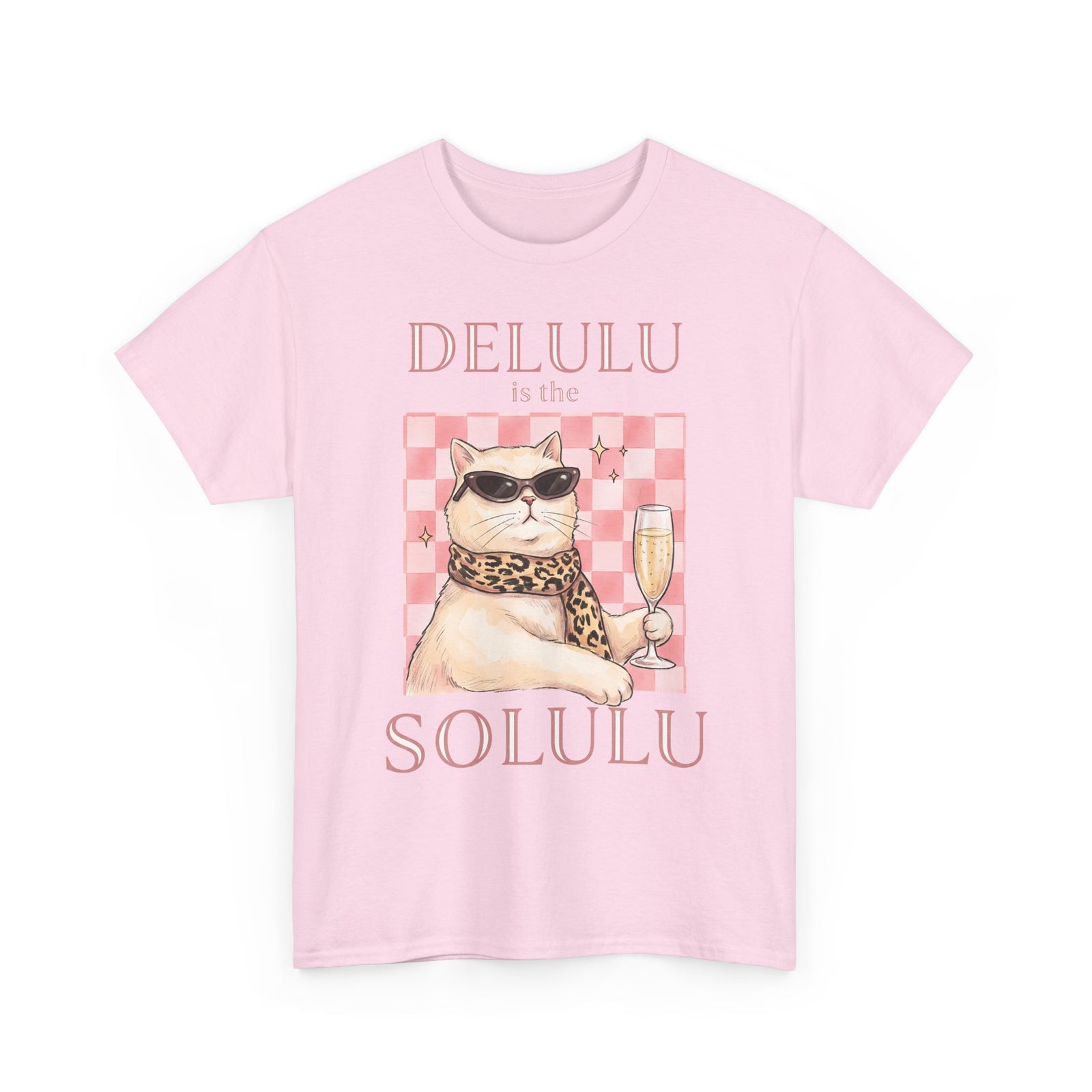 Delulu Is The Solulu T-Shirt — Funny Sassy Cat Champagne Graphic Tee
