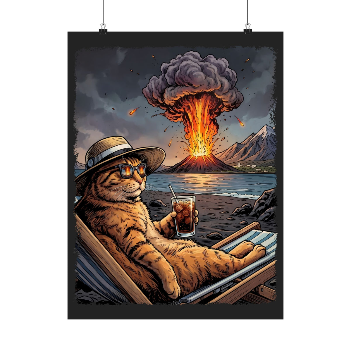 Unbothered Orange Cat Volcano Poster — Funny Chaos Beach Lounging Poster