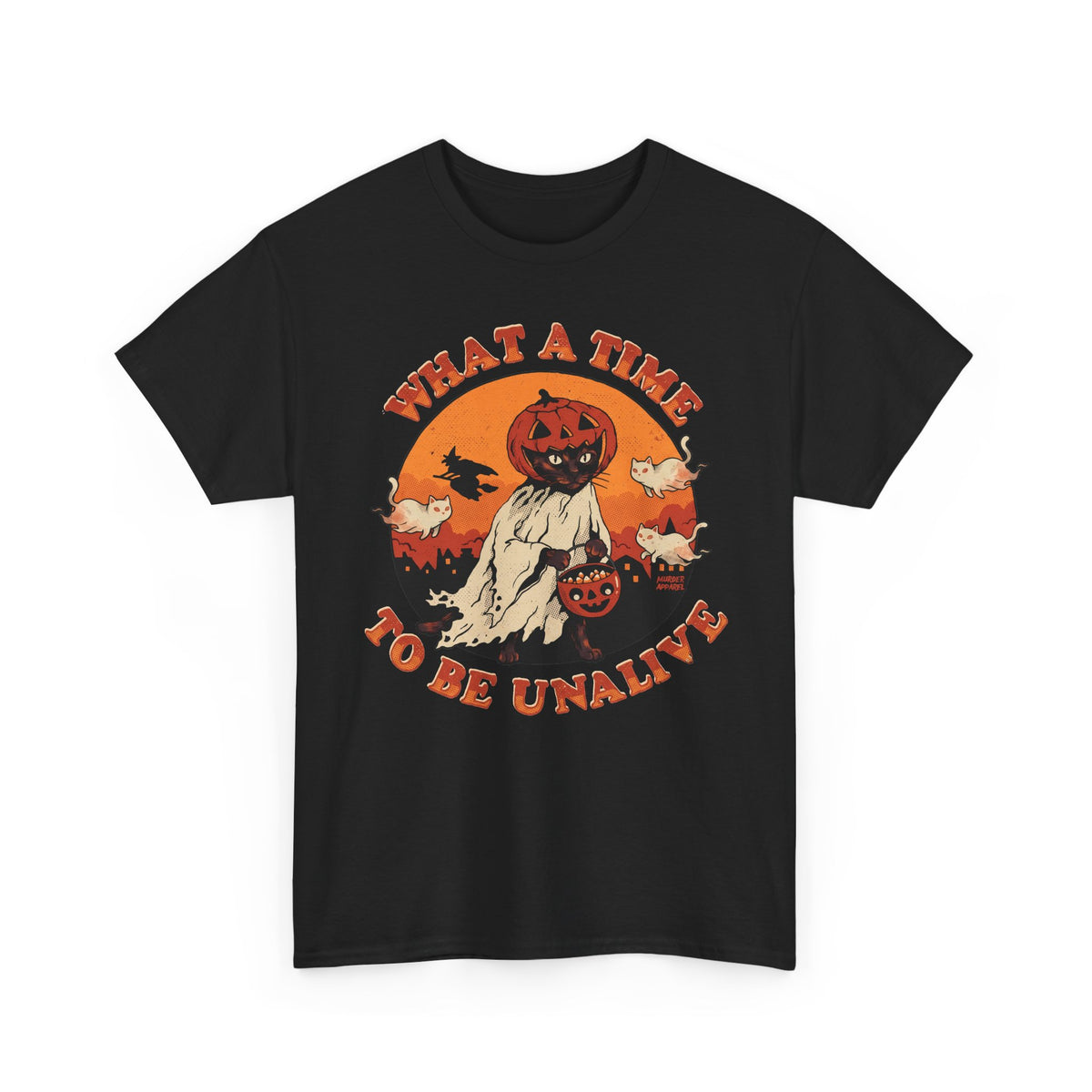 What A Time To Be Unalive Black Cat Ghost Sheet Shirt — Retro Halloween T-Shirt