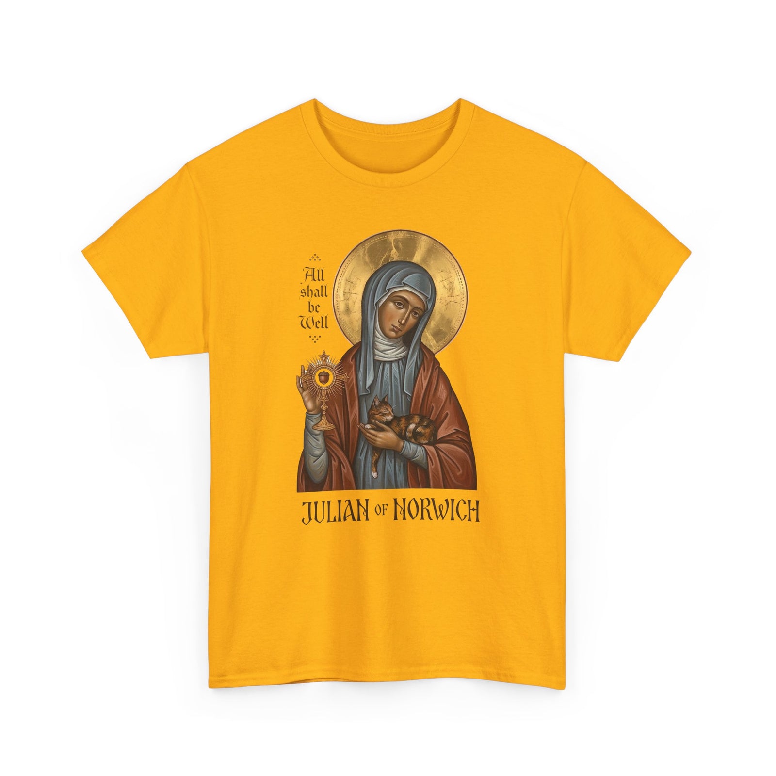 Julian of Norwich & Cat T-Shirt — Spiritual Saint Tee for Cat Lovers