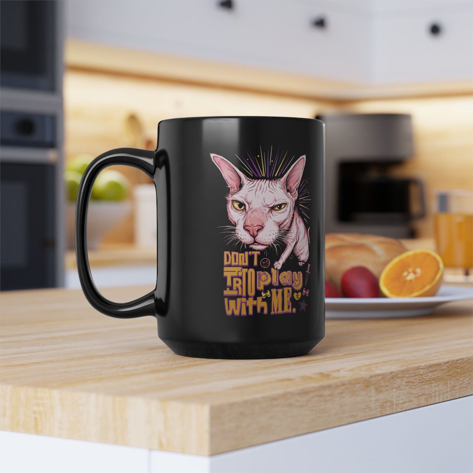 Don't Try To Play With Me Black Mug — Funny Angry Sphynx Cat Graphic Mug