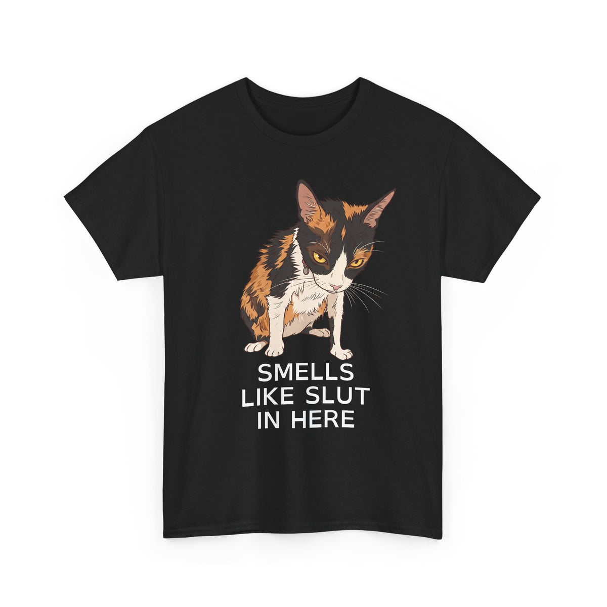 Smells Like Slut In Here T-Shirt — Funny Grumpy Calico Cat Meme Tee
