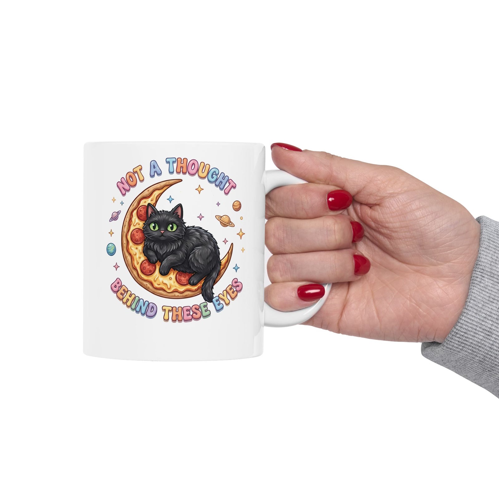 Not A Thought Behind These Eyes Ceramic Mug — Funny Black Cat Pizza Moon Mug