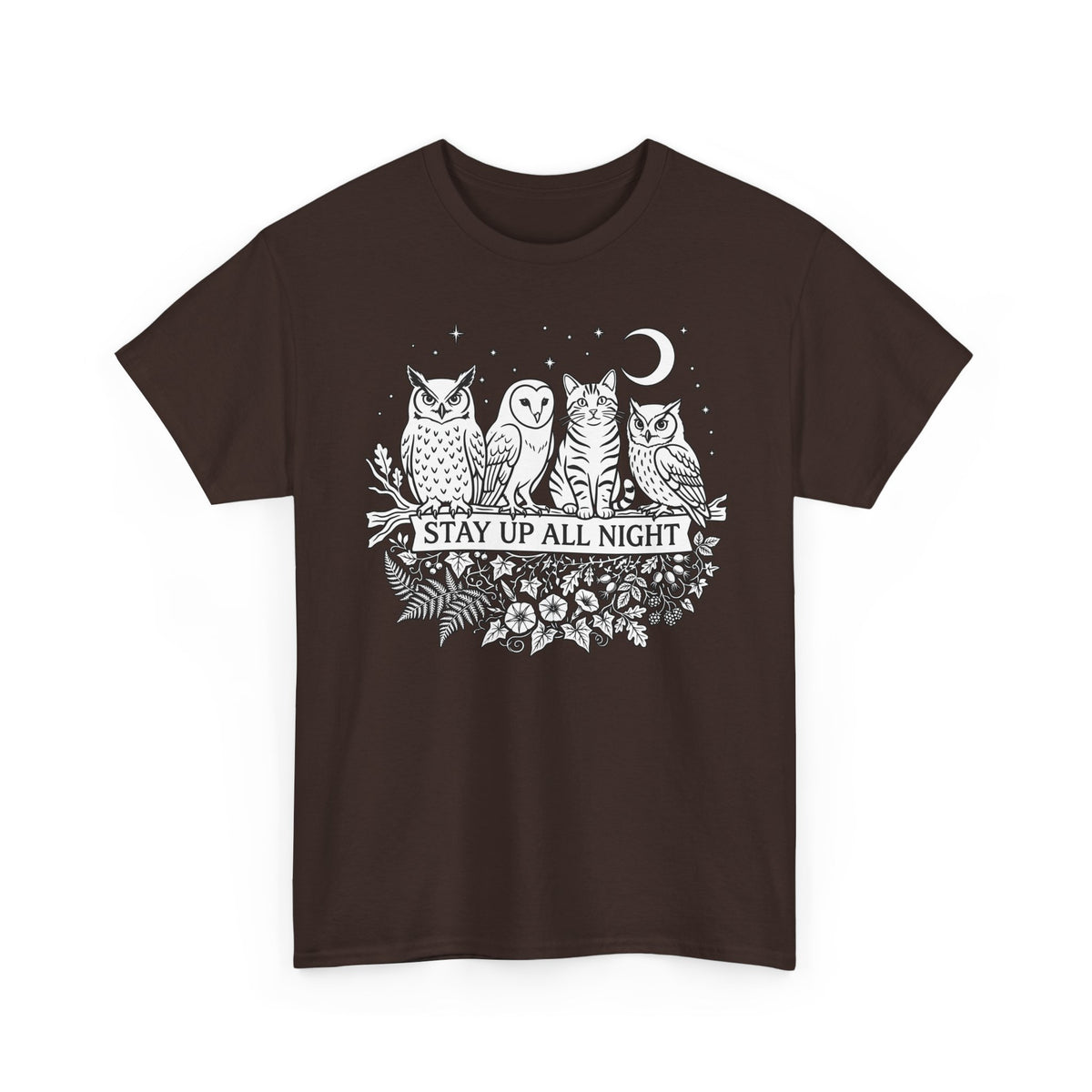 Cat Stays Up All Night T-Shirt — Cute Night Owl Cat Tee