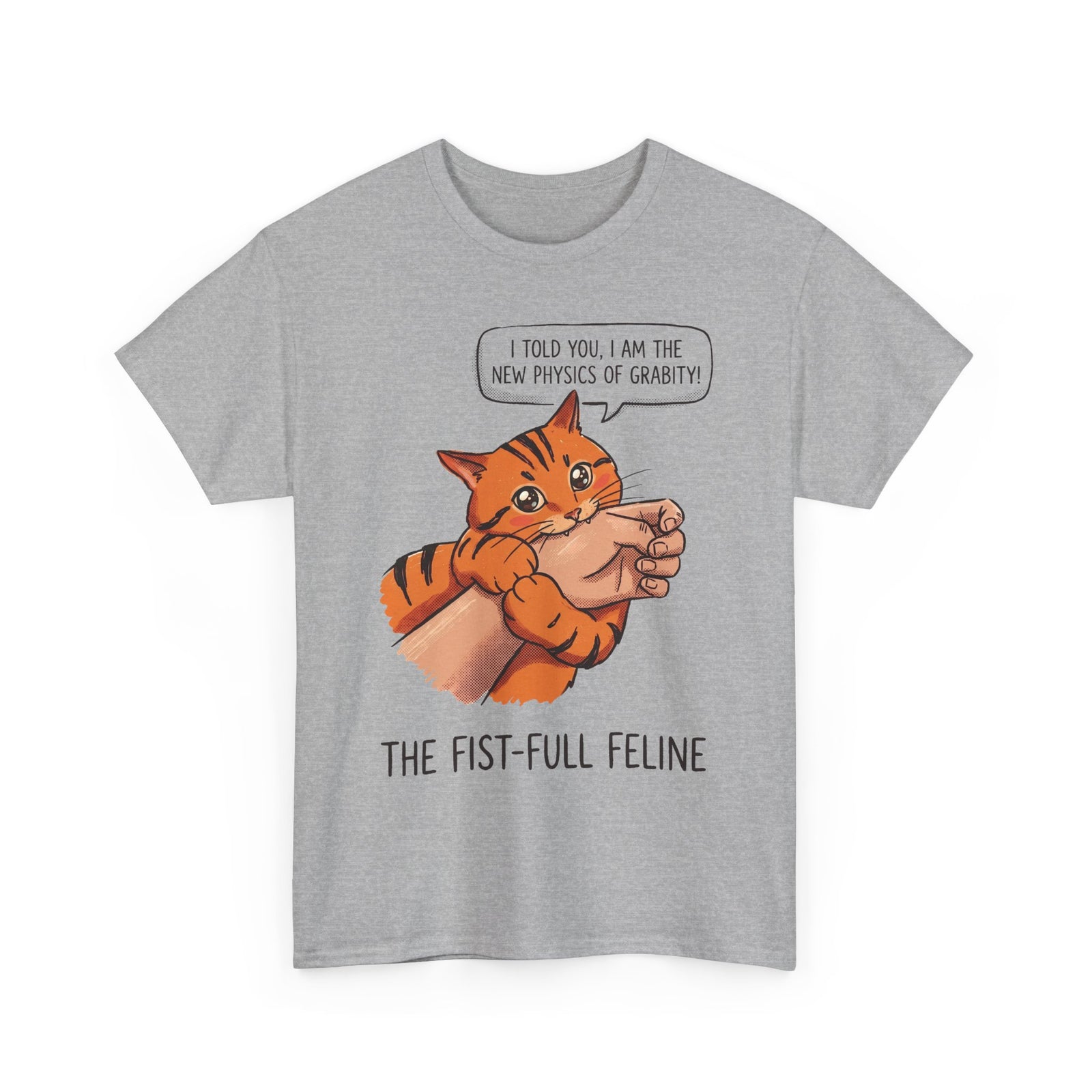 The New Physics Of Grabity T-Shirt — Funny Orange Cat Biting Hand Tee