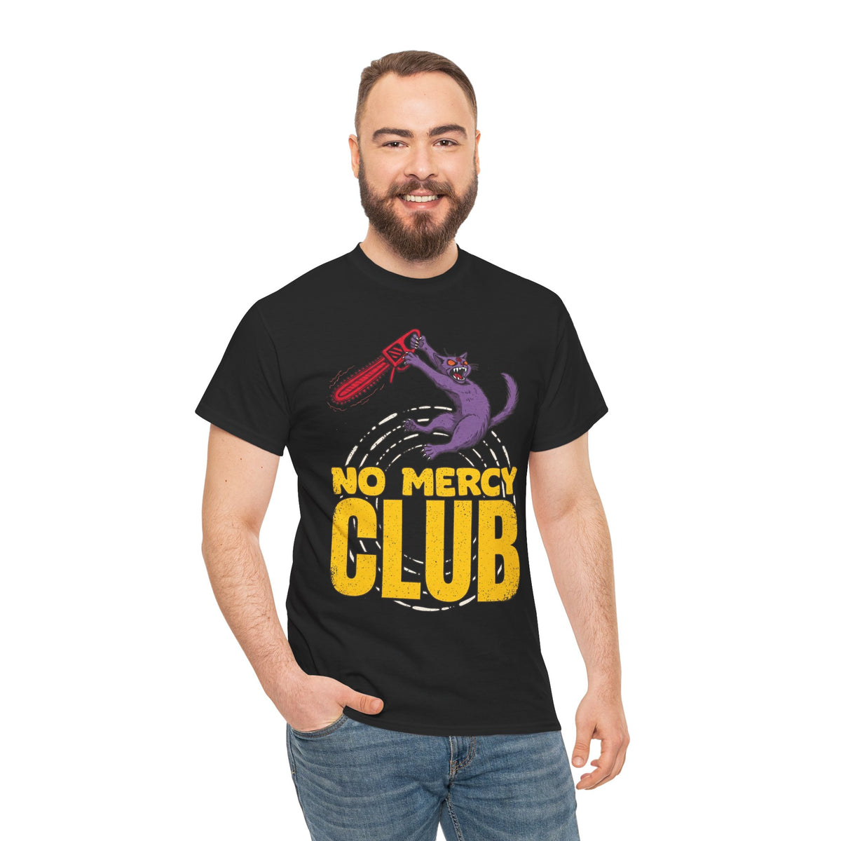 No Mercy Club Chainsaw Cat T-Shirt — Funny Unhinged Horror Cat Tee