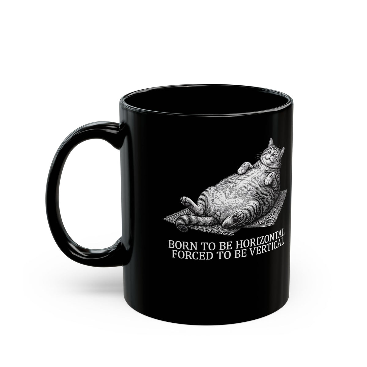 Born to Be Horizontal Fat Cat Black Mug — Funny Lazy Cat Mug