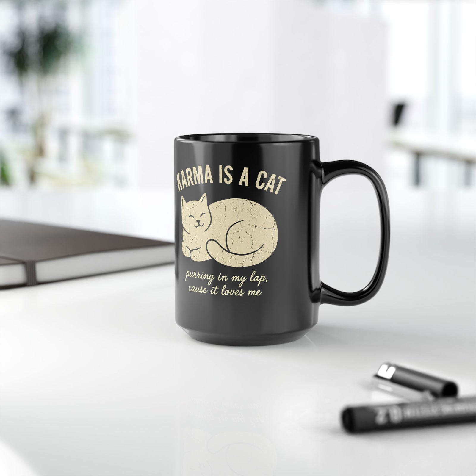 Karma Is A Cat Black Mug