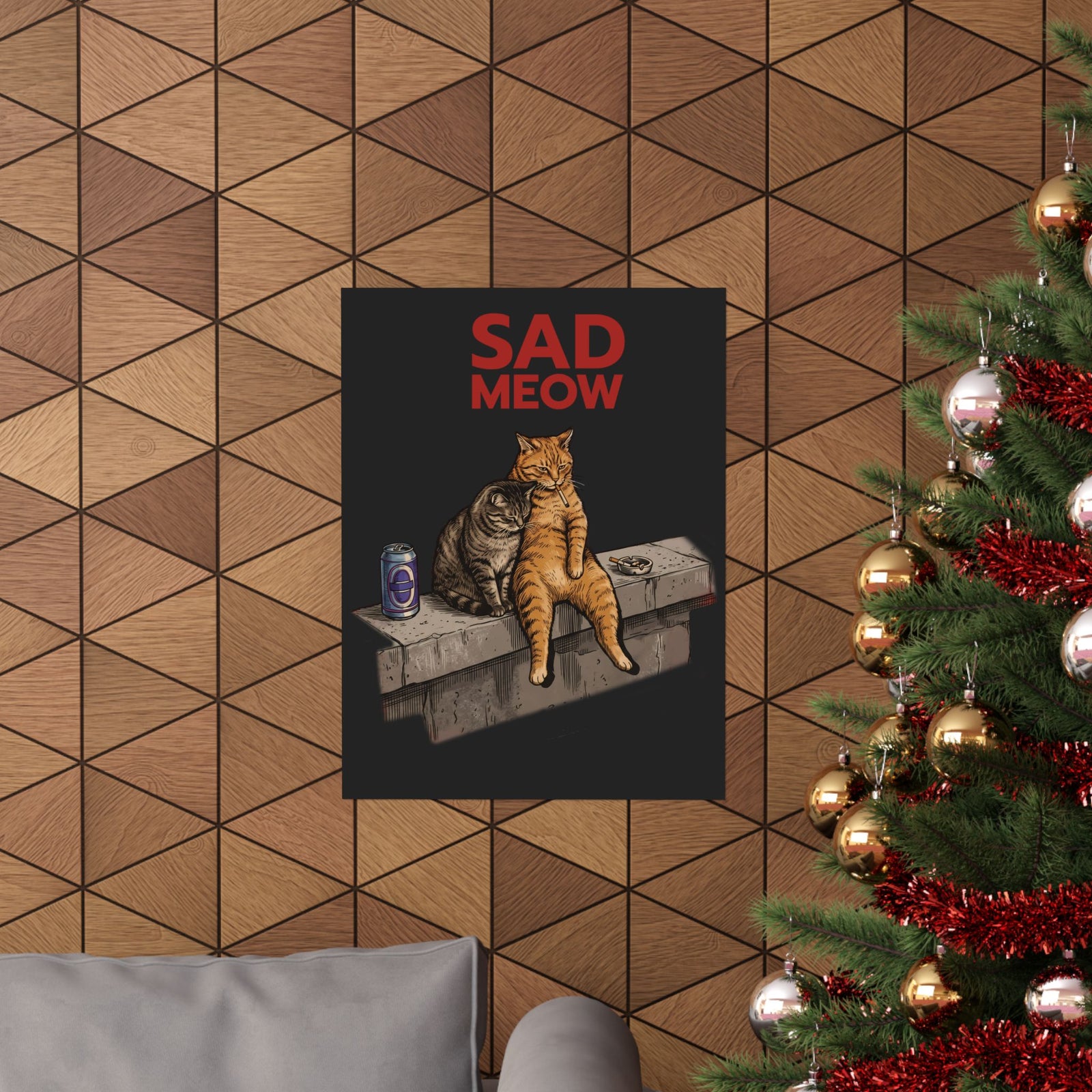 Sad Meow Poster — Funny Depressed Smoking Cats Graphic Poster