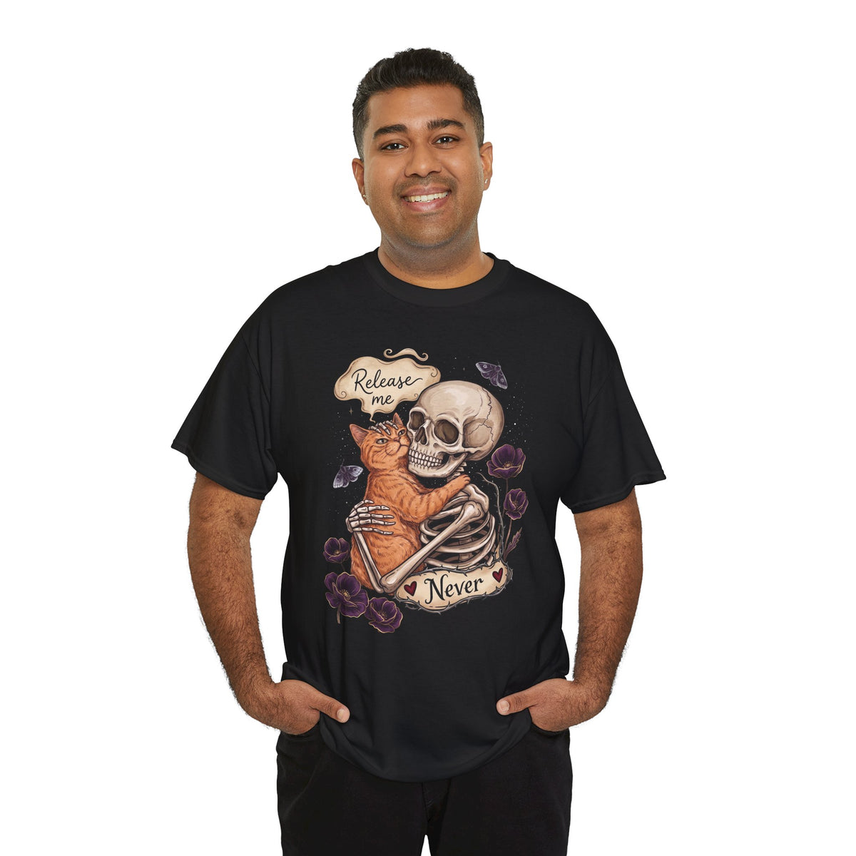 Funny Clingy Skeleton & Cat T-Shirt — Dark Aesthetic Cat Tee