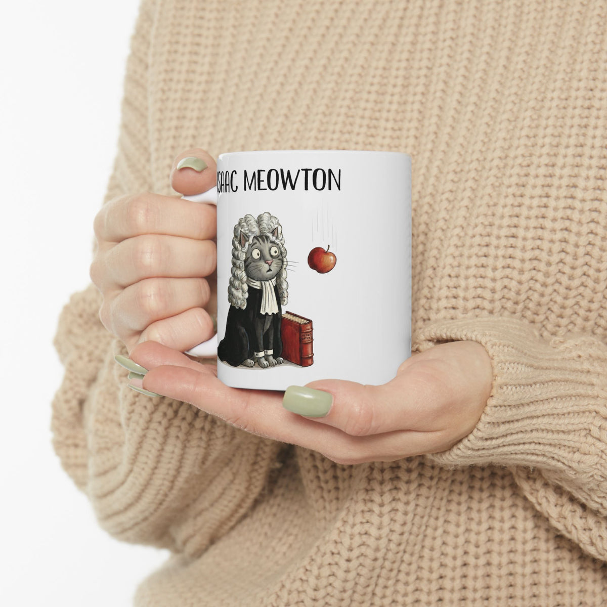 Isaac Meowton Ceramic Mug — Funny Science Pun Cat Gravity Graphic Mug