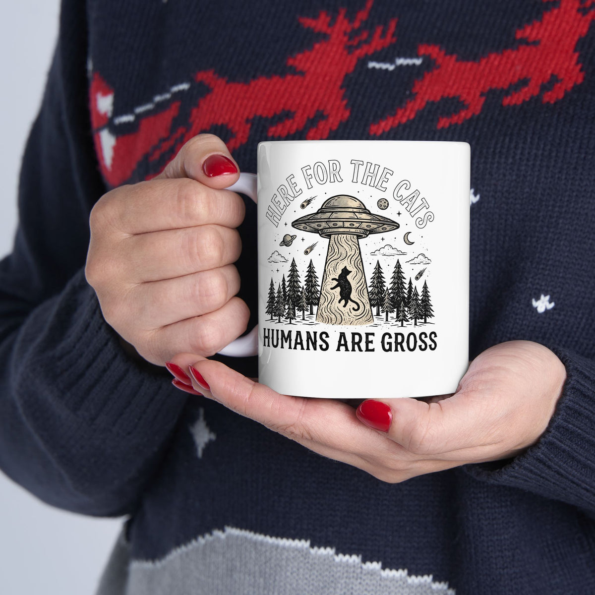 Here For The Cat Mug — 'Humans Are Gross' Cat Lover Ceramic Mug