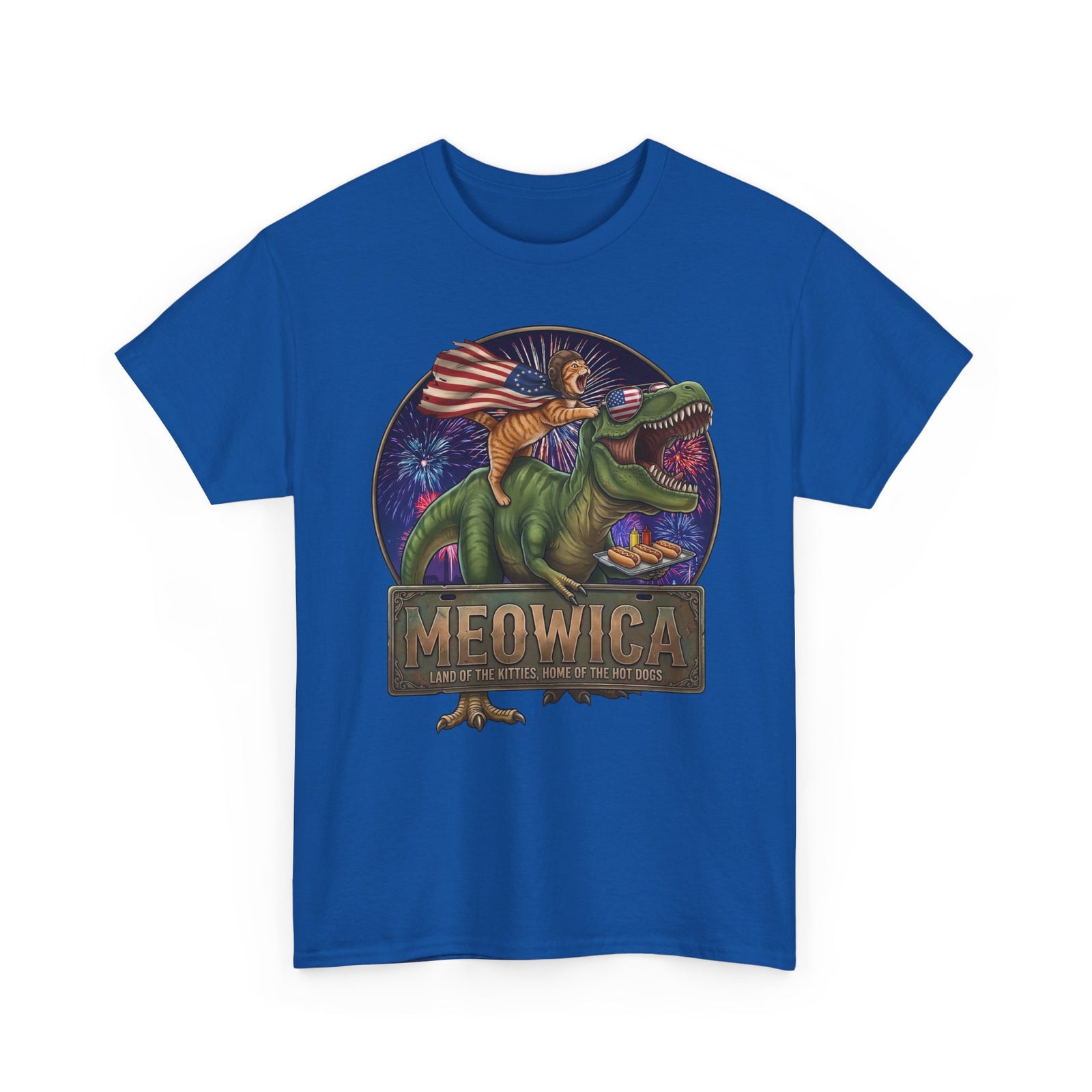 4th of July Cat Riding T‑Rex T‑Shirt "Meowica: Land of the Kitties" Patriotic Graphic