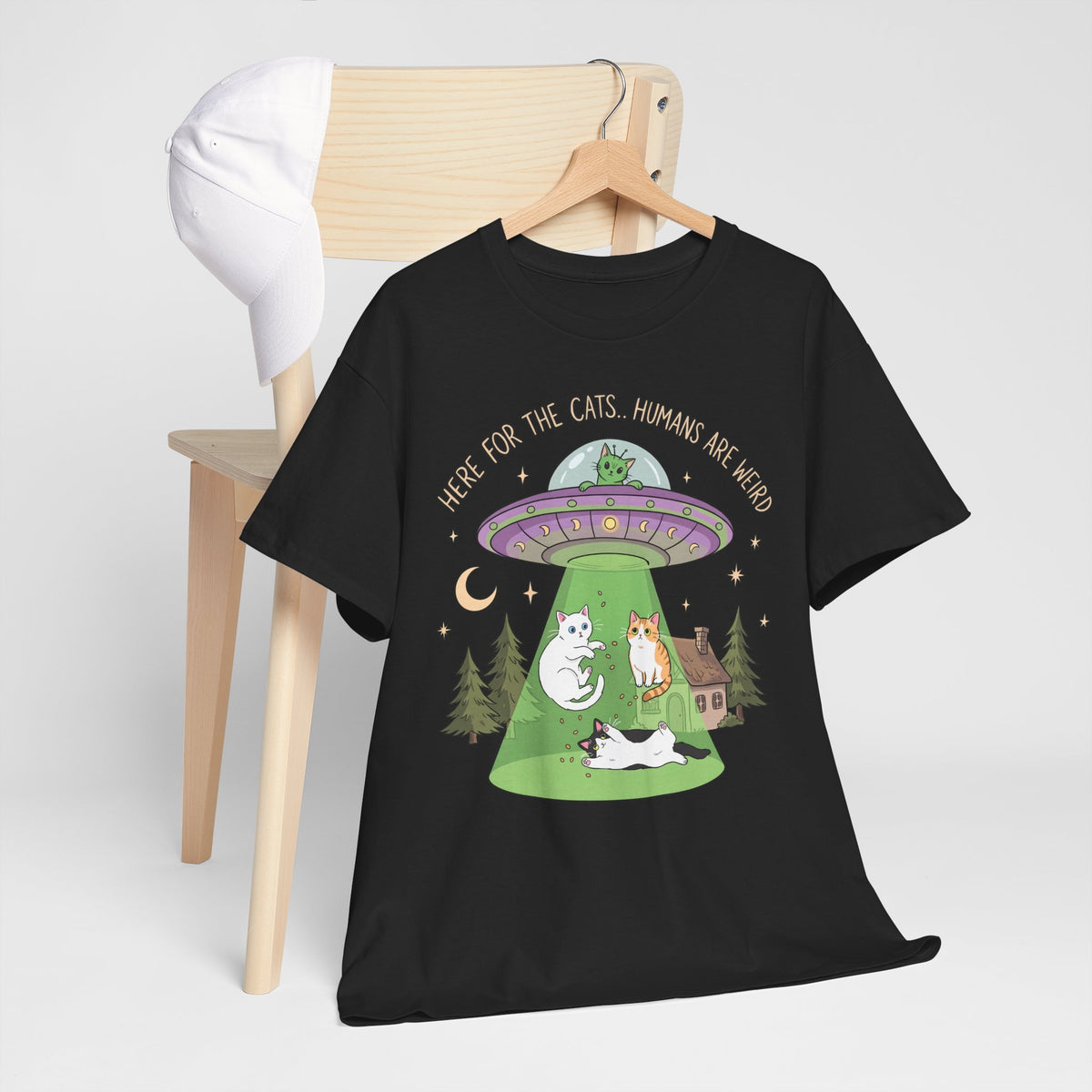 Here For The Cats Humans Are Weird T-Shirt — Funny Alien UFO Cat Tee