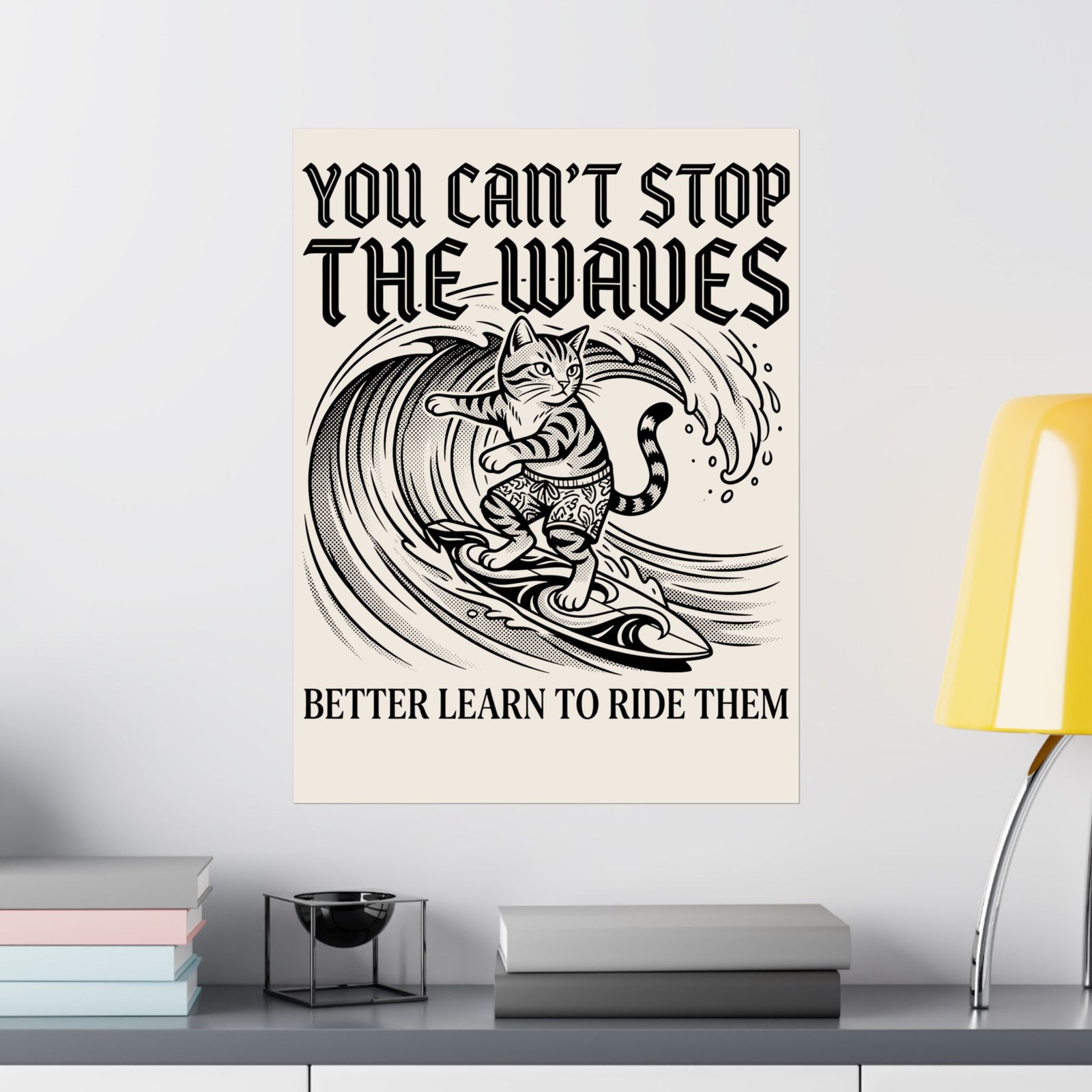 Vintage Surfer Cat Poster — Monochrome Ocean Waves Graphic Poster