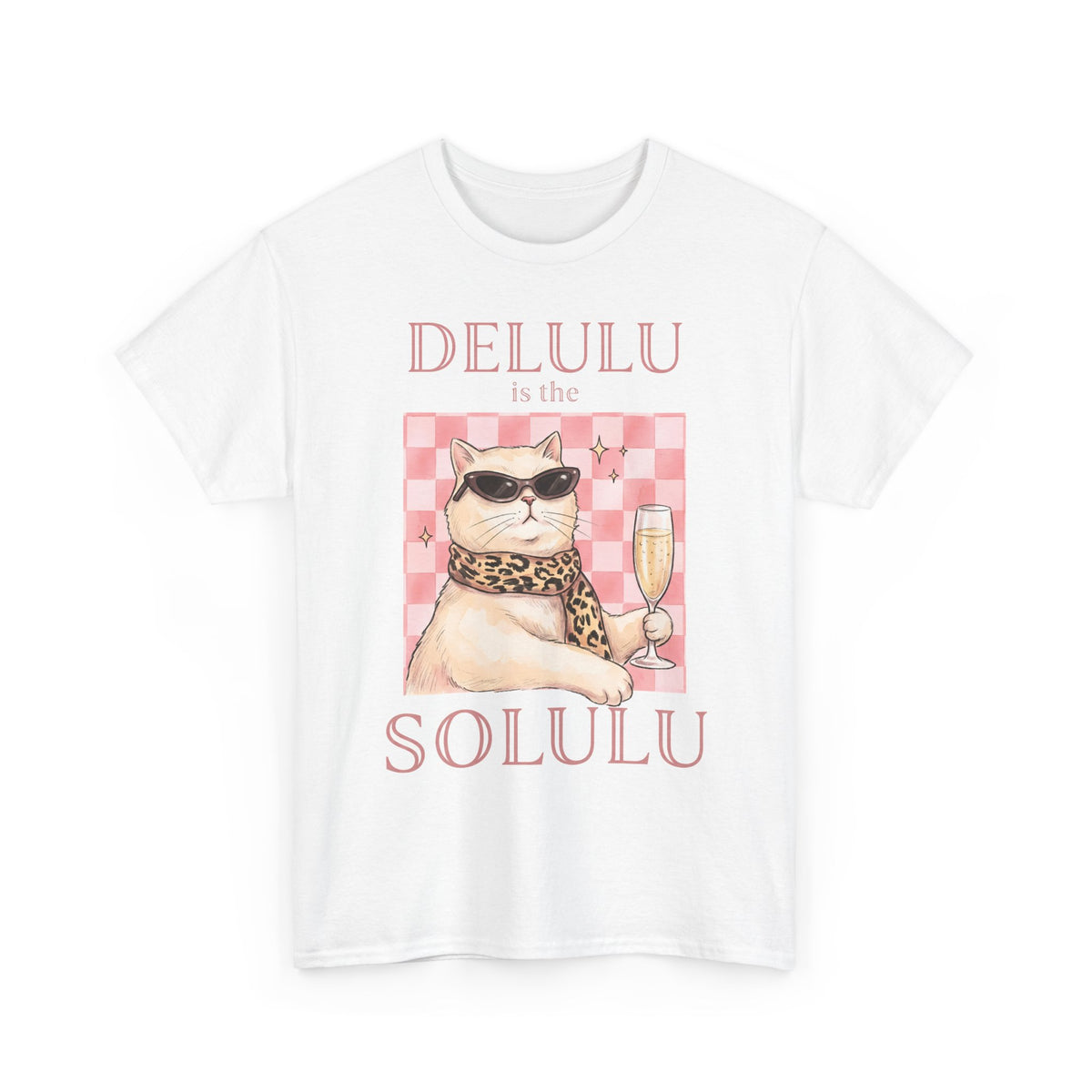 Delulu Is The Solulu T-Shirt — Funny Sassy Cat Champagne Graphic Tee
