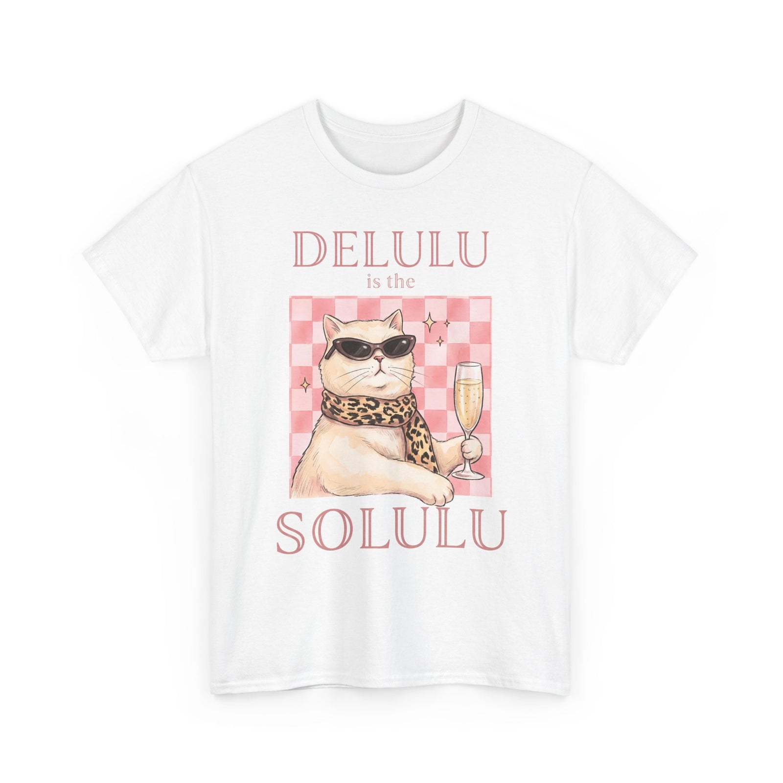 Delulu Is The Solulu T-Shirt — Funny Sassy Cat Champagne Graphic Tee