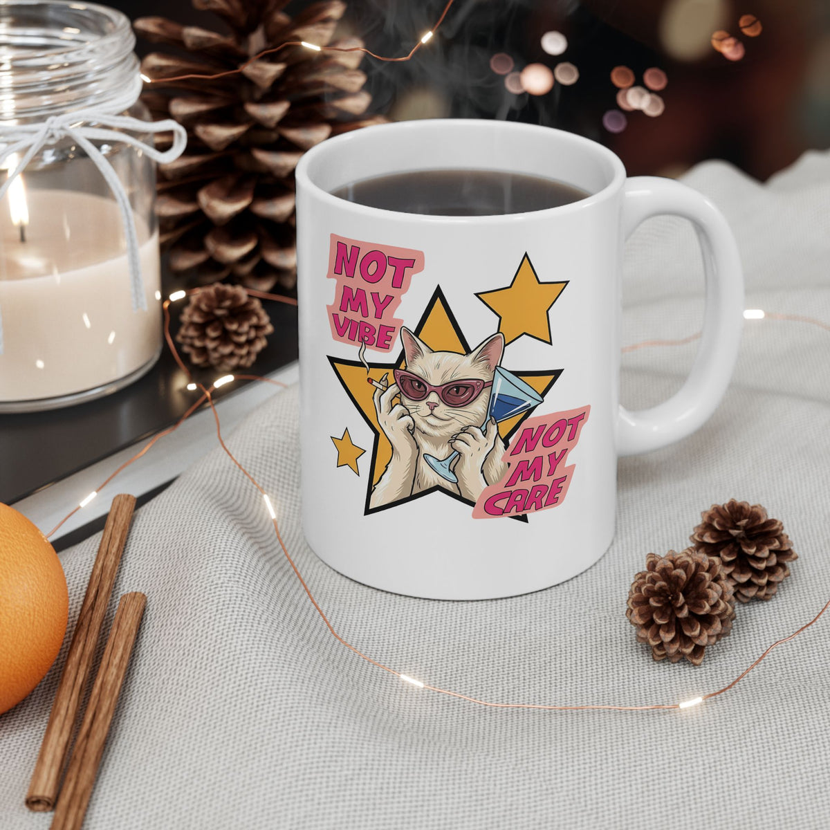 Not My Care Retro Cat Ceramic Mug — Unbothered Pop Art Feline Mug