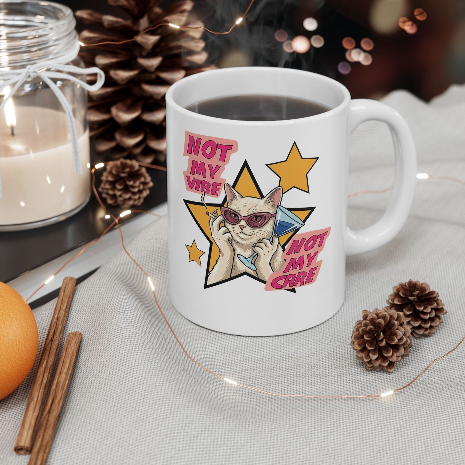 Not My Care Retro Cat Ceramic Mug — Unbothered Pop Art Feline Mug