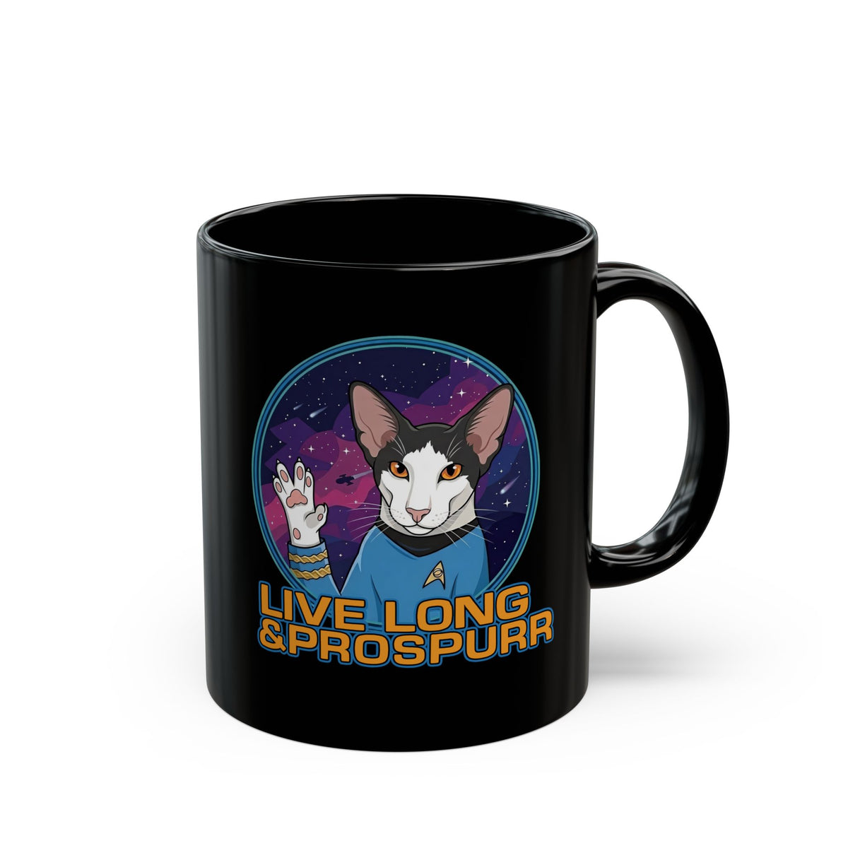 Sci‑Fi Cat 'Live Long Prospurr' Black Mug