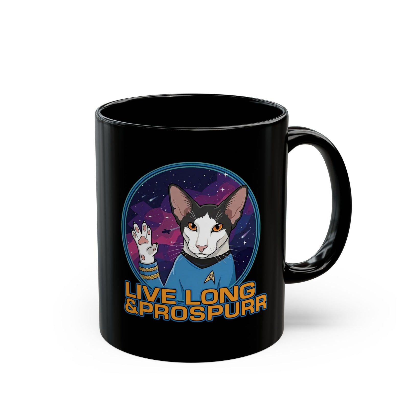 Sci‑Fi Cat 'Live Long Prospurr' Black Mug