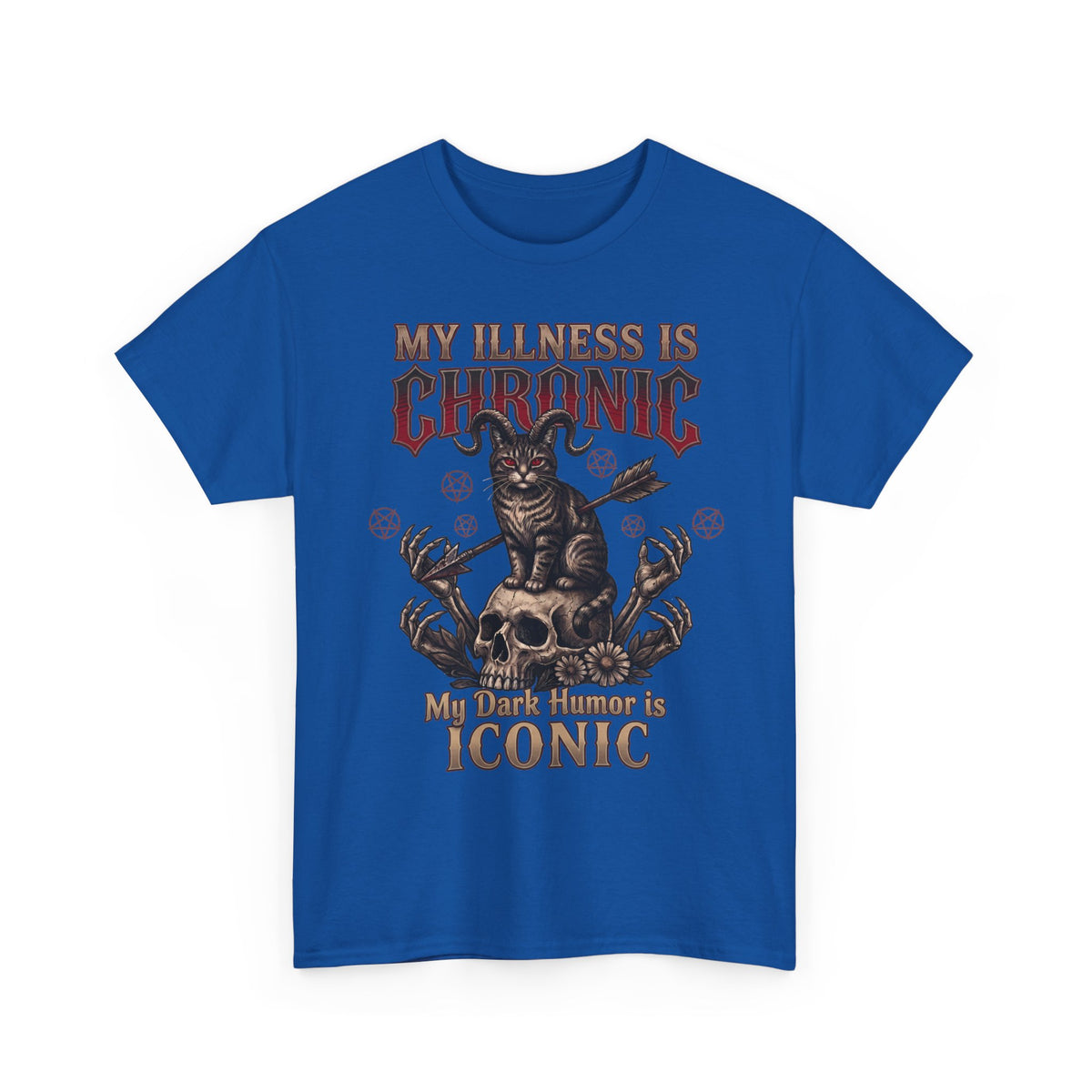 My Illness Is Chronic My Dark Humor Is Iconic T-Shirt — Gothic Horned Cat Tee