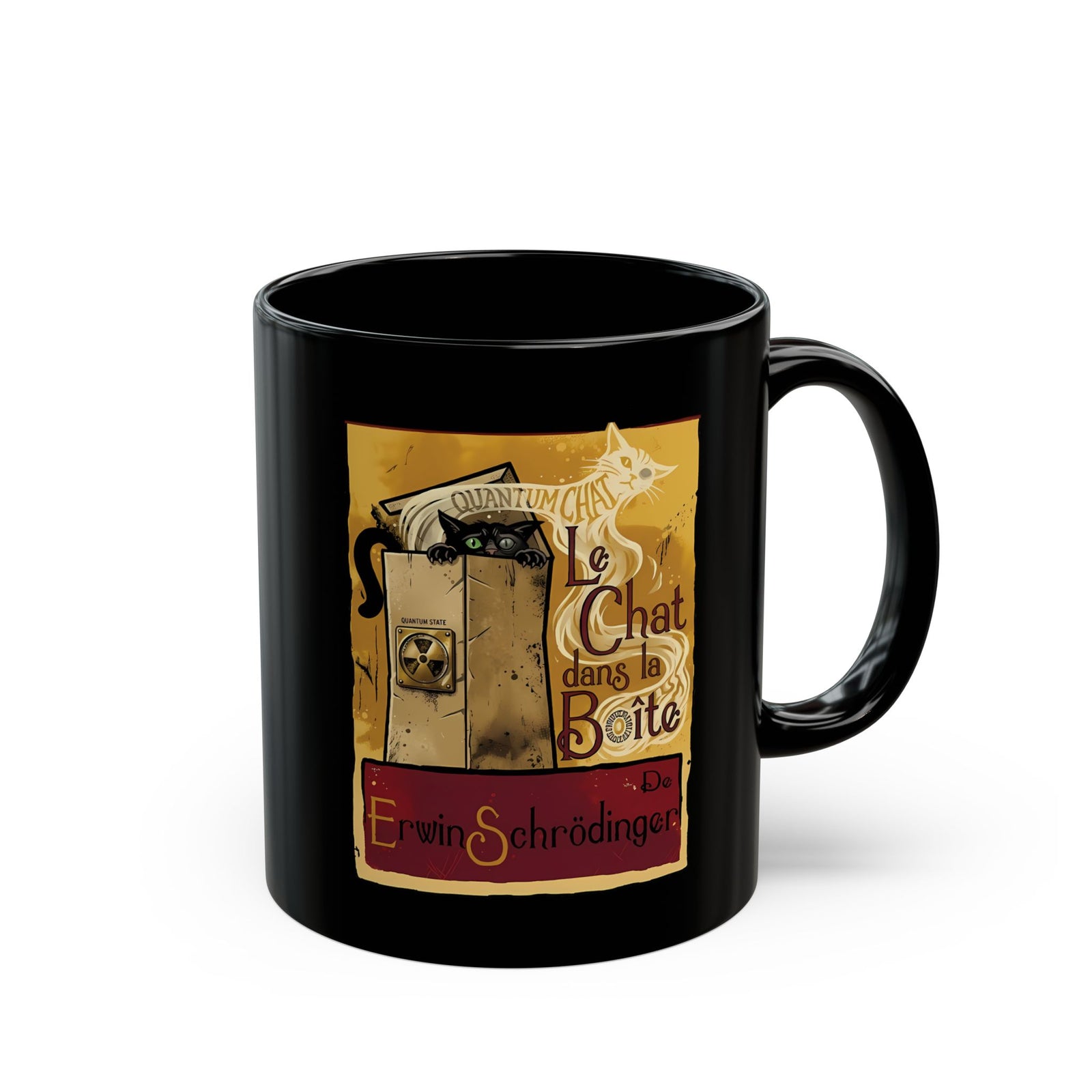 Le Chat dans la Boite Cat Black Mug — Cute French Cat Graphic Mug