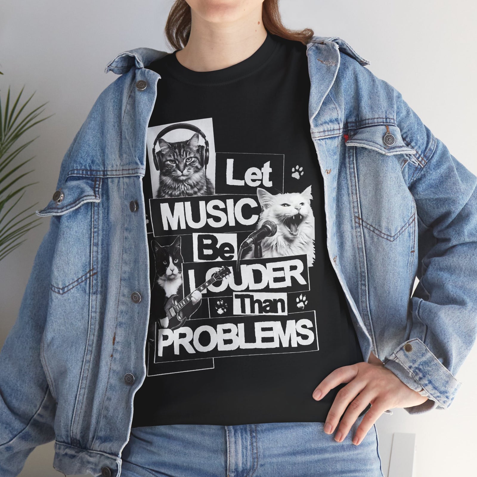 Let Music Be Louder Than Problems T-Shirt — Funny Grunge Rock Cat Band Tee